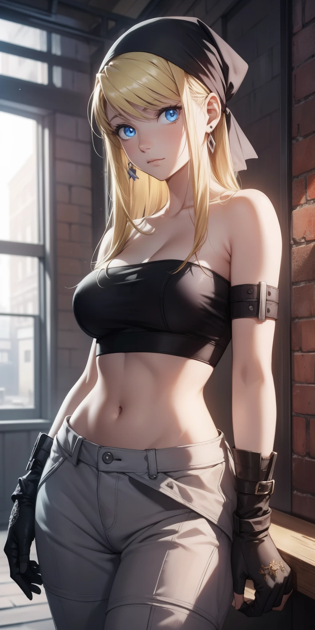 winryrockbell, winry rockbell, blue eyes, blonde hair, BREAK gloves, navel, cleavage, bare shoulders, collarbone, earrings, midriff, pants, stomach, bare arms, strapless, bandana, bandeau, tube top, grey gloves, BREAK indoors, BREAK looking at viewer, BREAK (masterpiece:1.2), best quality, high resolution, unity 8k wallpaper, (illustration:0.8), (beautiful detailed eyes:1.6), extremely detailed face, perfect lighting, extremely detailed CG, (perfect hands, perfect anatomy),