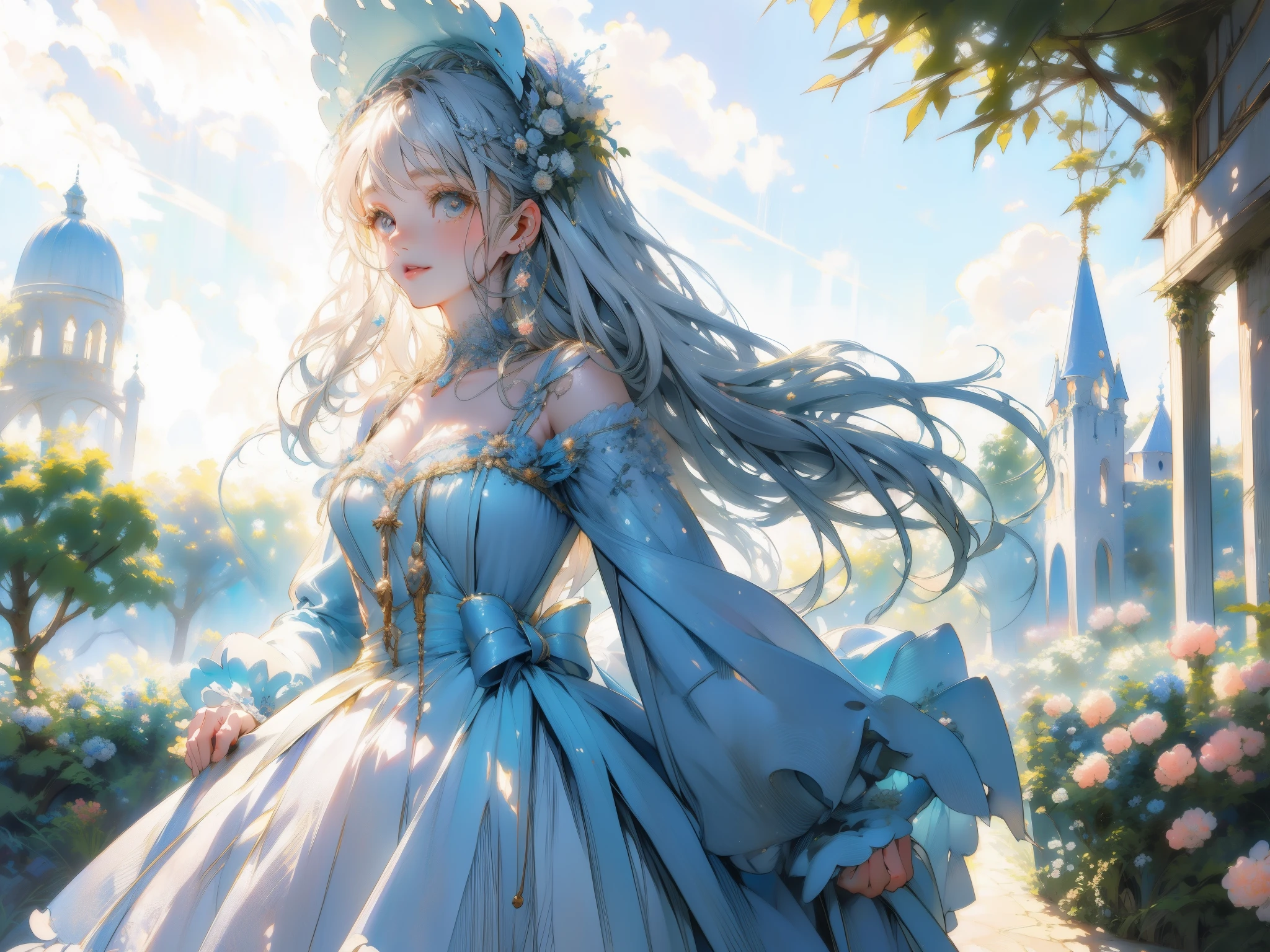 One Cute anime girl in the garden picnic,very long curly colourful blue hair,shining haired deity,wearing cute Lolita princess dress and bonnet,sparkling silver eyes,cute anime girl in nice dress,detailed flower princess dress,anime princess,detailed background,beautiful garden,anime artwork,fantasy artwork, 8k detailed high quality, high quality fantasy artwork, fantasy castle background art,detailed high quality face and dress,full body shot,colourful artwork,cute anime face,nice smile,best quality,ultra-detailed,high resolution, delicate and cute,((highly detailed face))