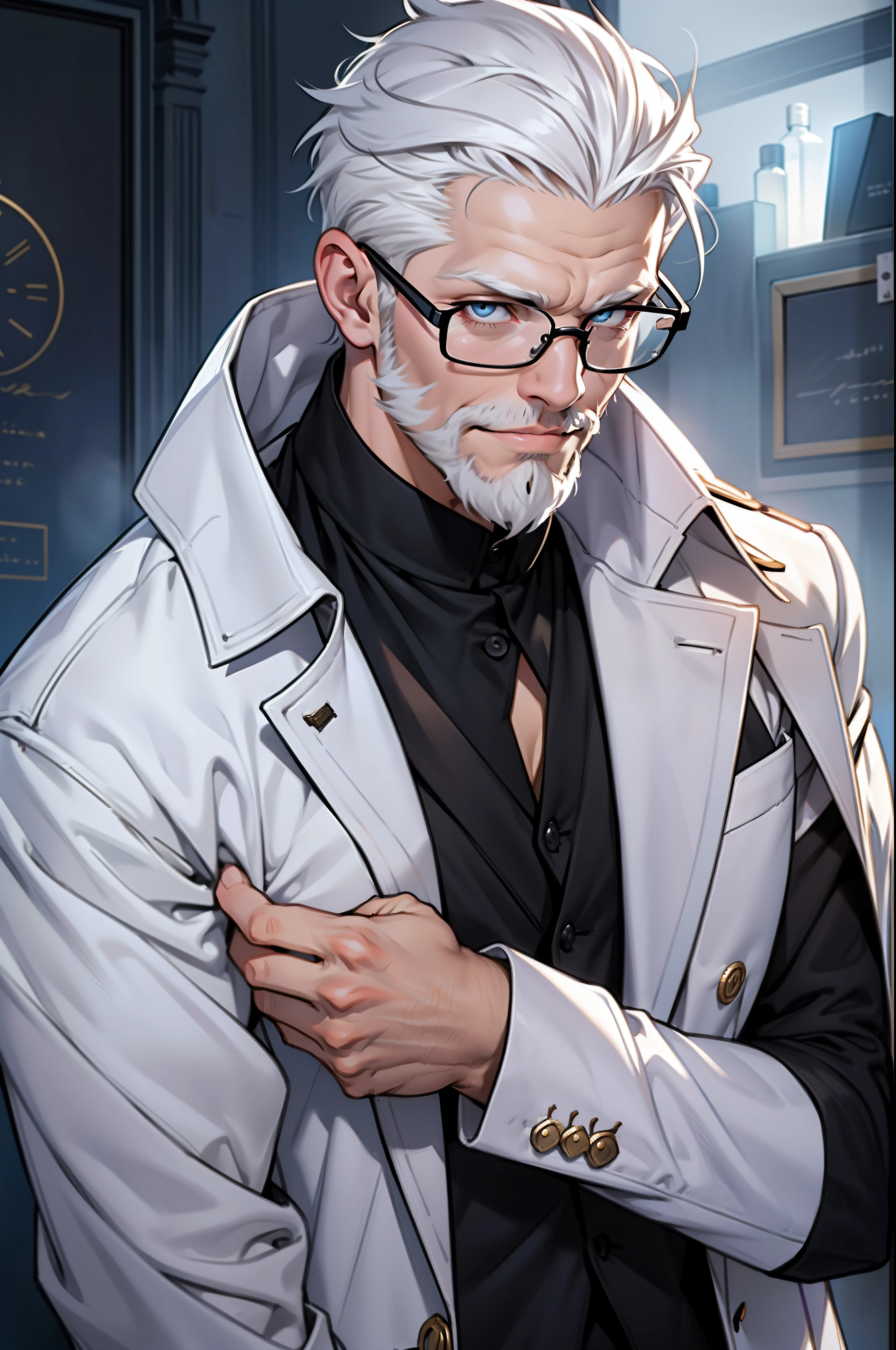 (Meticulous description) (Meticulous hair depiction) (Carefully portray the eyes) (Carefully portray the face) (Detailed portrayal of the human body) (Detailed portrayal of the half-body) (Handsome uncle)(quadratic element)One man only,uncle,Clear face,sharp look,Uncle lineage,dyna,exquisite CG,Exquisite illustrations,male people,wrinkles,47-year-old uncle,Middle aged,Pan,nobles,A half body,White gloves,high and cold,professor,Sneer Smile,a sense of atmosphere,White hair meticulously combed at the back of his head,Big back without bangs,Short beard,Gray-blue eyes,Wearing a cool white long trench coat, black shirt, purple long scarf,Wear black-framed square glasses,More details,The light from the back window is backlighted,toplight,closeup cleavage