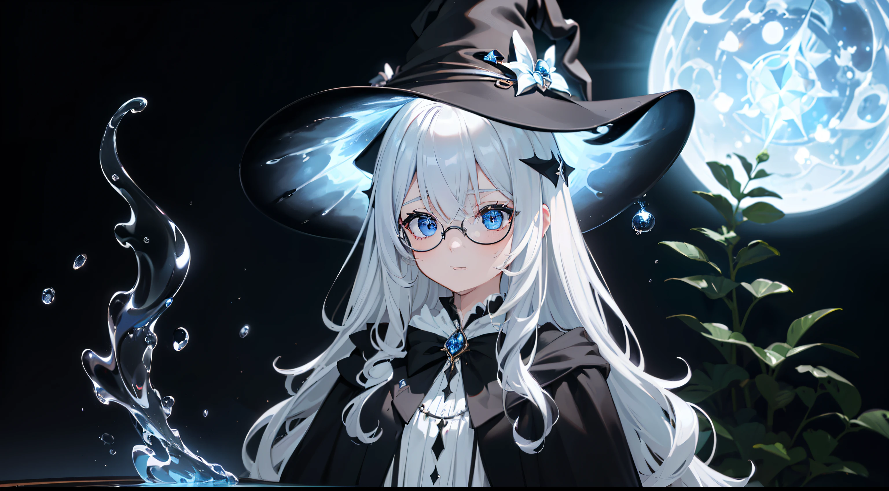 ((Best quality)), ((Masterpiece)), ((Ultra-detailed)), (illustration), (Detailed light), (An extremely delicate and beautiful),Dramatic perspective,A charming young girl,sorceress woman,Cute face,magestic,(Sexy figure),Black magic robe,Short black shawl,Big black witch hat,white dresses,Glasses,((Wave your big wand to cast spells)),((Water magic))