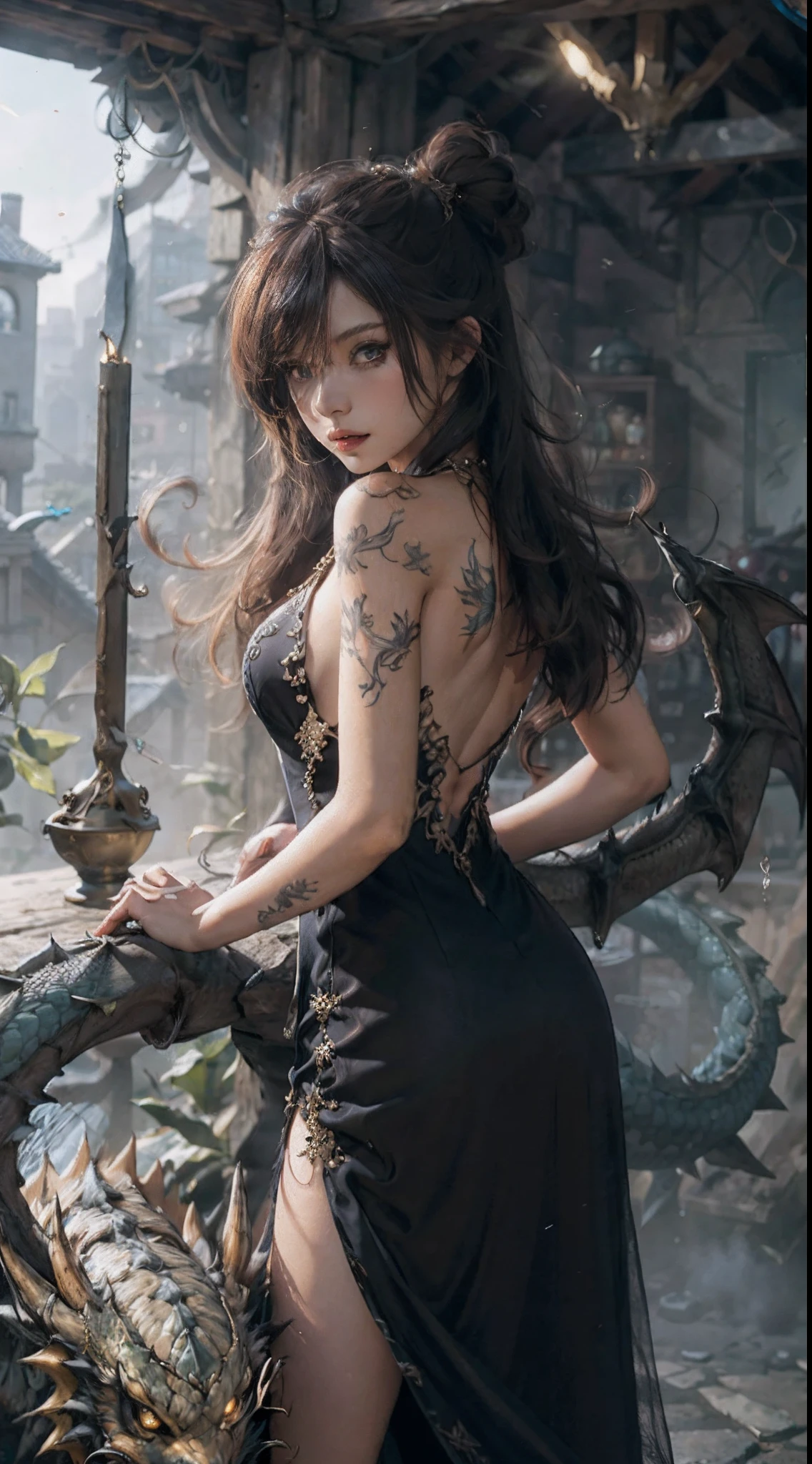 Pikachu_real, (extremely detailed CG 8k wallpaper, masterpiece, best quality, ultra detailed, beautiful detailed eyes: 1.2), best lighting, (best shadow, extremely delicate and beautiful bloom), the girl was surrounded by dragons, ( 1girl: 1.4), breasts, solo, full body, back tattoo, sexzy dress, (dragon color: 1.4), bare leg, long dress,