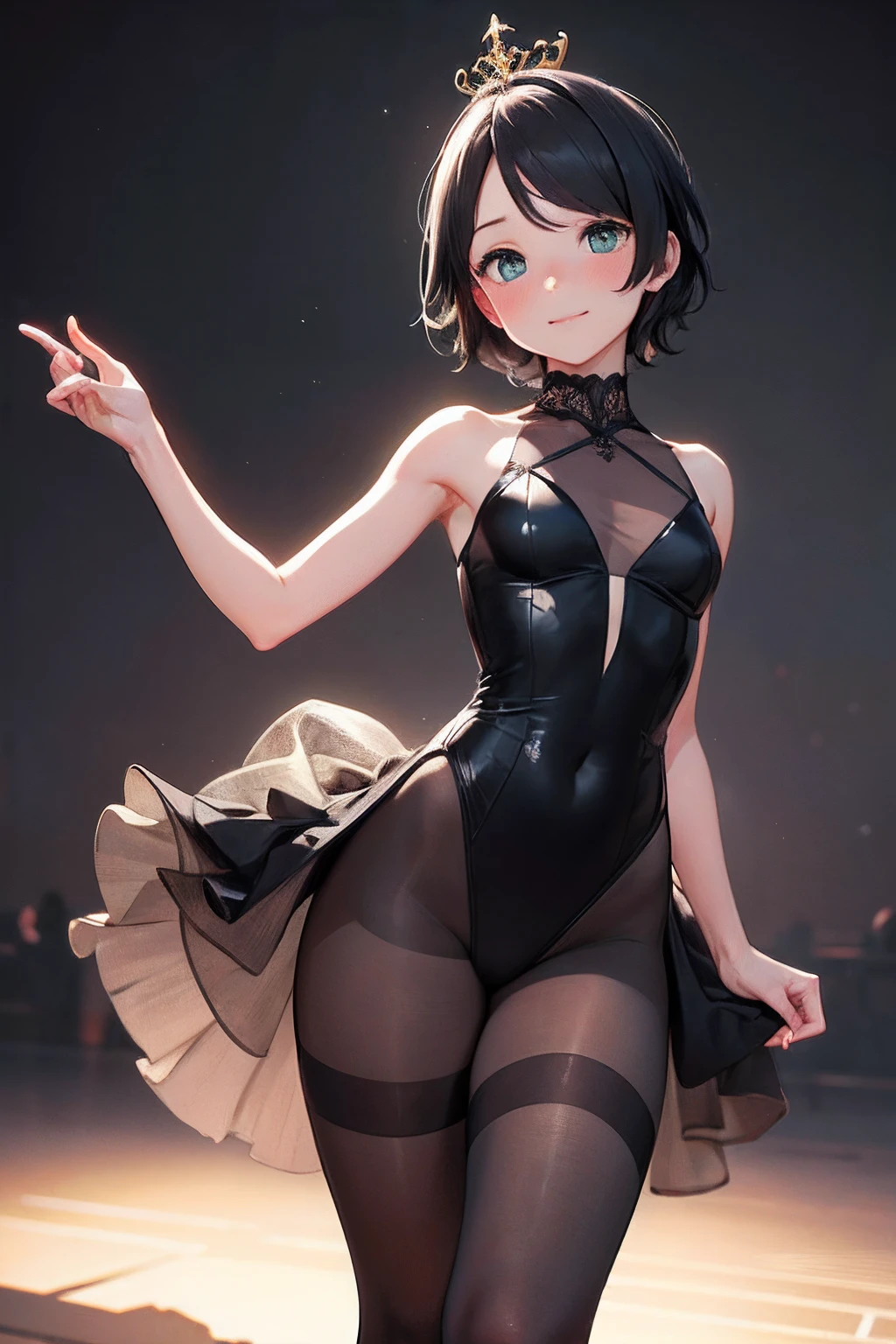 ((masterpiece,best quality)), highres, extremely detailed 8K wallpaper, depth_of_field, best shadow, (Colorful),(Delicate eyes and face), nice hand, Perfect hands, (no lighting), Ray tracing, BREAK
(1girl in), mogami \(kancolle\), black hair, short hair, black eyes / green eyes, swept bangs, small breasts, slender, skinny, smile, (full-face blush), BREAK,
(ballerina, ballet:1.2), (tutu:1.3), (dark leotard:1.2), (transparent dark dress:1.3), (black pantyhose:1.2), bare shoulders, tiara, cameltoe, point shoes, ballet slippers, sexy, BREAK,
(cowboy shot and knee:1.5), stomach focus, ((dancing saloon)), night time, (dark backgrounds:1.3),