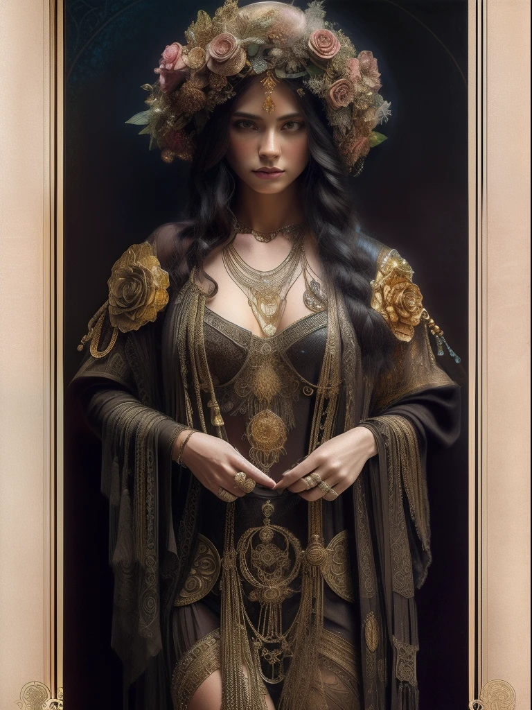 Little fusion realistic steampunk, fractal isometrics details bioluminescens: a stunning realistic photograph ethereal caucasian character beautiful awesome lady with big rose flowers tiara of wet bone structure, 3d render, octane render, intricately detailed, gold decorative headdress, cinematic, trending on artstation | Isometric | Centered hipereallistic cover photo awesome full color, hand drawn, dark, gritty, realistic mucha, klimt, erte. 12k, intricate. hight definition, cinematic, Rough sketch, mix of bold dark lines and loose lines, bold lines, on paper, full body with silky dress, humanoid, Full body