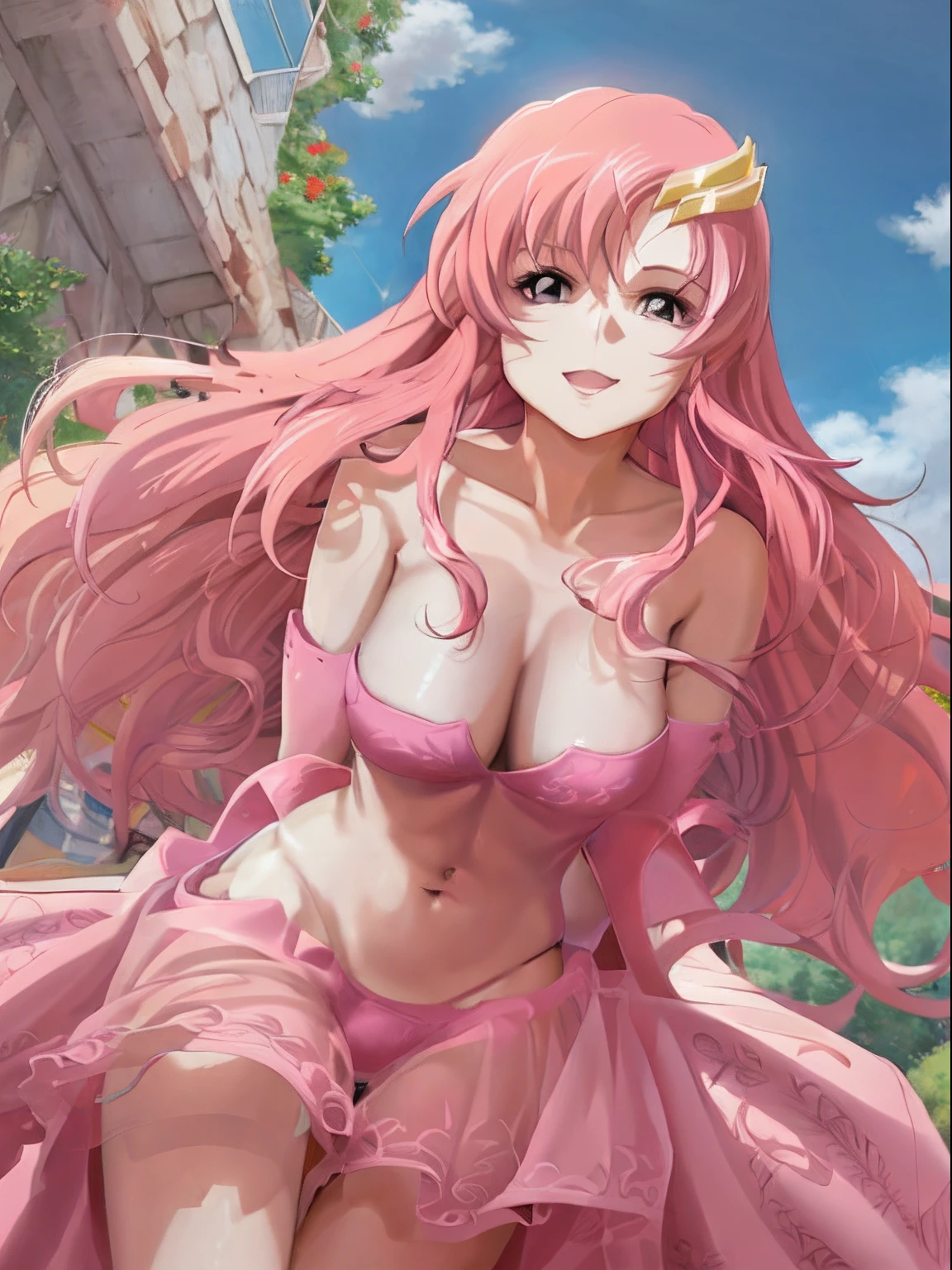 (masterpiece, 4K, Best Quality, Anime style: 1.9, bold drawing lines, High color saturation, Detailed face, tall, Adult Woman, lovely, (cloud background), Drawing lines, high resolution, Anime, lacus4), 1girl in, Solo, curvy figure, Long hair, 鎖骨, scapular, Wavy Hair, Detailed wide hair bangs, Hair Ornament, Detailed reddish-pink hair, cleavage, large hands, Big blue eyes, Smile, closed mouth, very slim belly, Very happy, closed fists, (laughing, open mouth), ((medium breasts)), (pink strapless bikini top,, pink bikini thong), elbow pads, strong arms, biceps, rib lines, long belly, lip stick, (lean forward)