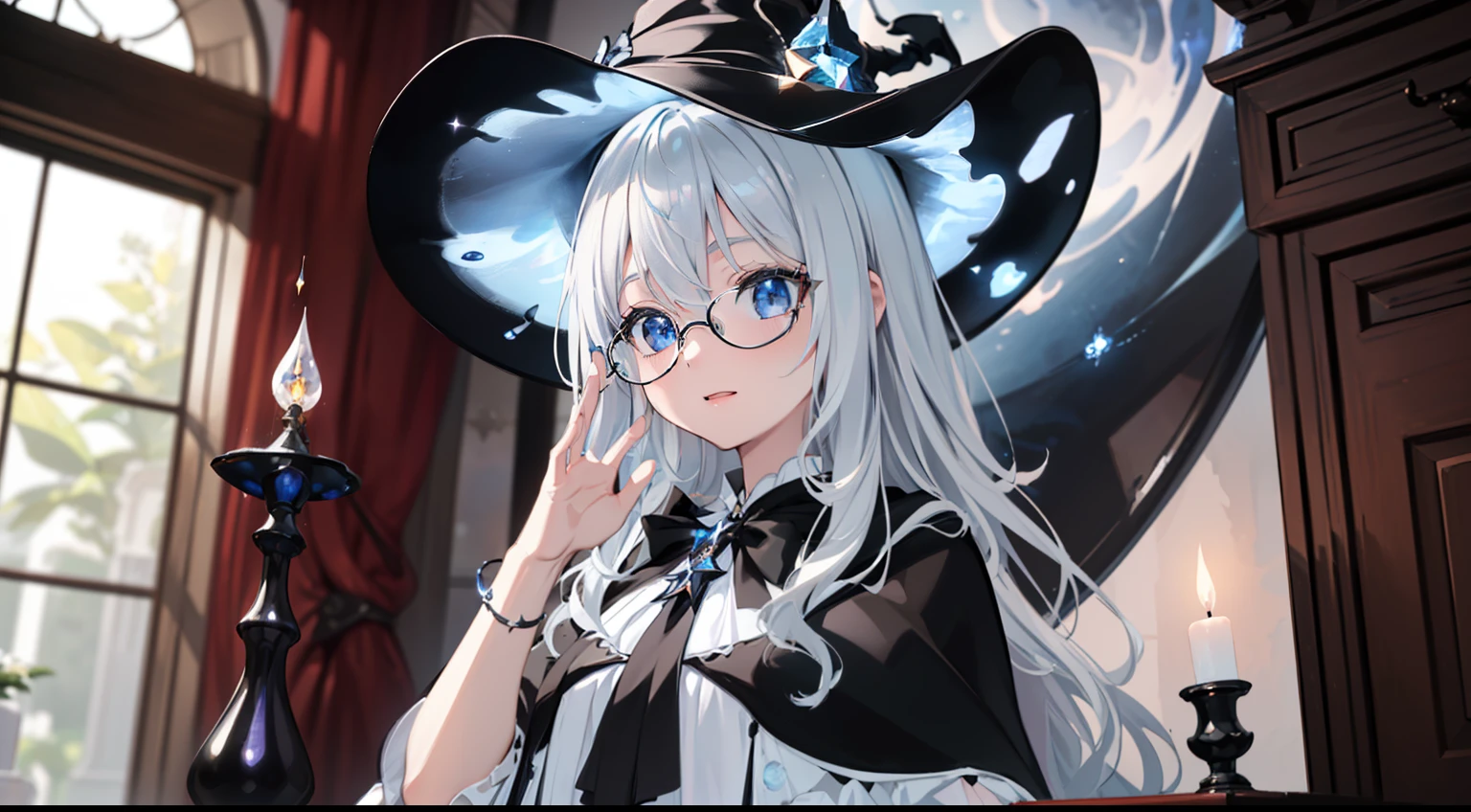 ((Best quality)), ((Masterpiece)), ((Ultra-detailed)), (illustration), (Detailed light), (An extremely delicate and beautiful),Dramatic perspective,A charming young girl,sorceress woman,Cute face,magestic,(Sexy figure),Black magic robe,Short black shawl,Big black witch hat,white dresses,Glasses,((Wave your big wand to cast spells)),((Five-color star magic))