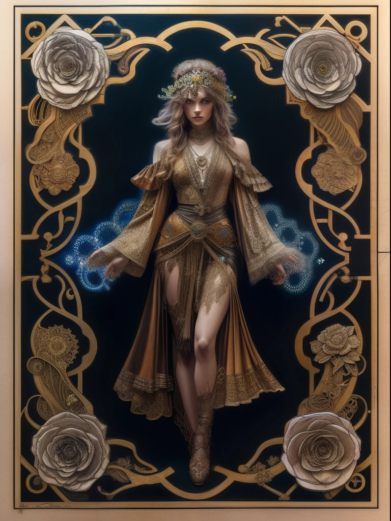 Little fusion realistic steampunk, fractal isometrics details bioluminescens: a stunning realistic photograph ethereal caucasian character beautiful awesome lady with big rose flowers tiara of wet bone structure, 3d render, octane render, intricately detailed, gold decorative headdress, cinematic, trending on artstation | Isometric | Centered hipereallistic cover photo awesome full color, hand drawn, dark, gritty, realistic mucha, klimt, erte. 12k, intricate. hight definition, cinematic, Rough sketch, mix of bold dark lines and loose lines, bold lines, on paper, full body with silky dress, humanoid, Full body