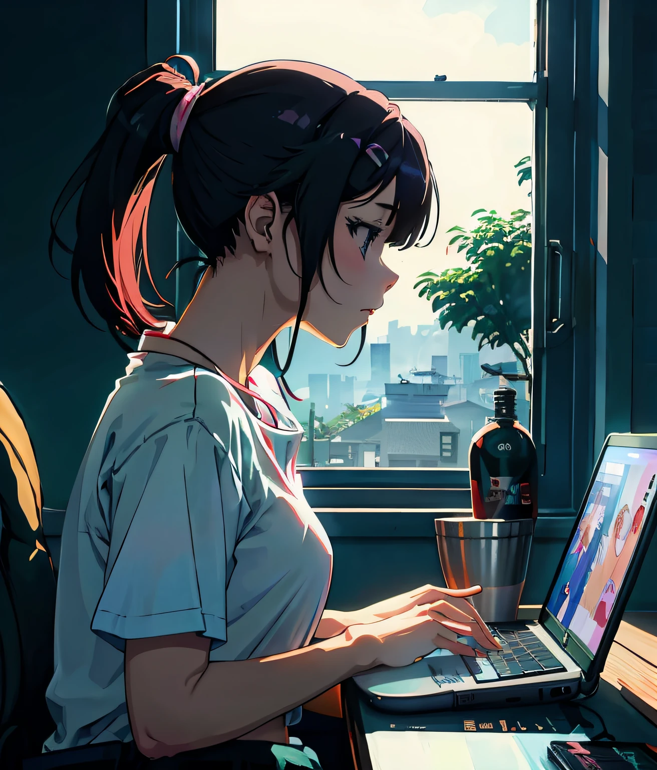 anime girl sitting at a desk with a laptop computer, digital anime illustration, lofi girl, lofi portrait, lofi portrait at a window, anime style 4 k, digital anime art, anime vibes, lofi artstyle, anime art wallpaper 4k, anime art wallpaper 4 k, anime art wallpaper 8 k, 4k anime wallpaper