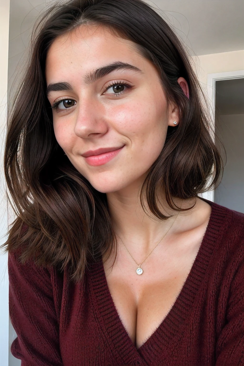 Instagram-Foto, Nahaufnahme Gesicht Foto von 23 Y.o Chloe im roten Pullover, Spaltung, blasse Haut, (smil:0.4), Harte Schatten, best quality, Meisterwerk, ultra-high resolution, (fotorealistisch:1.4), RAW-Foto, 1girls, ((rotes Nachthemd aus Spitze)), ((large chest)), Kaltes Licht