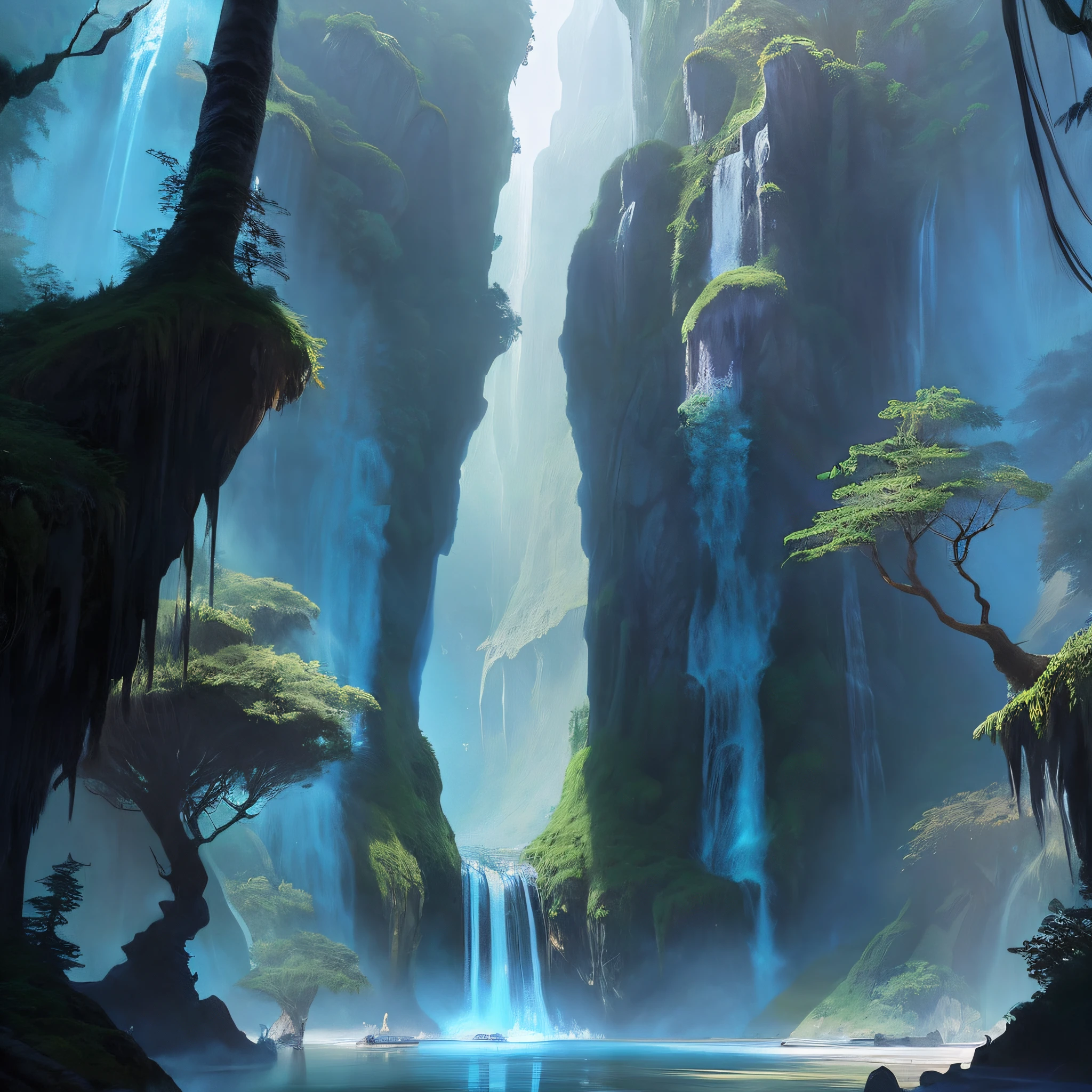 View of a waterfall in the forest with a waterfall in the background, concept art wallpaper 4k, by Ross Tran. scenic background, andreas rocha style, Stunning! Concept art, bastien grivet, beautiful concept art, 4k fantasy art, James Gurney and Andreas Rocha, impressive fantasy landscape, concept art 4 k, 4k concept art