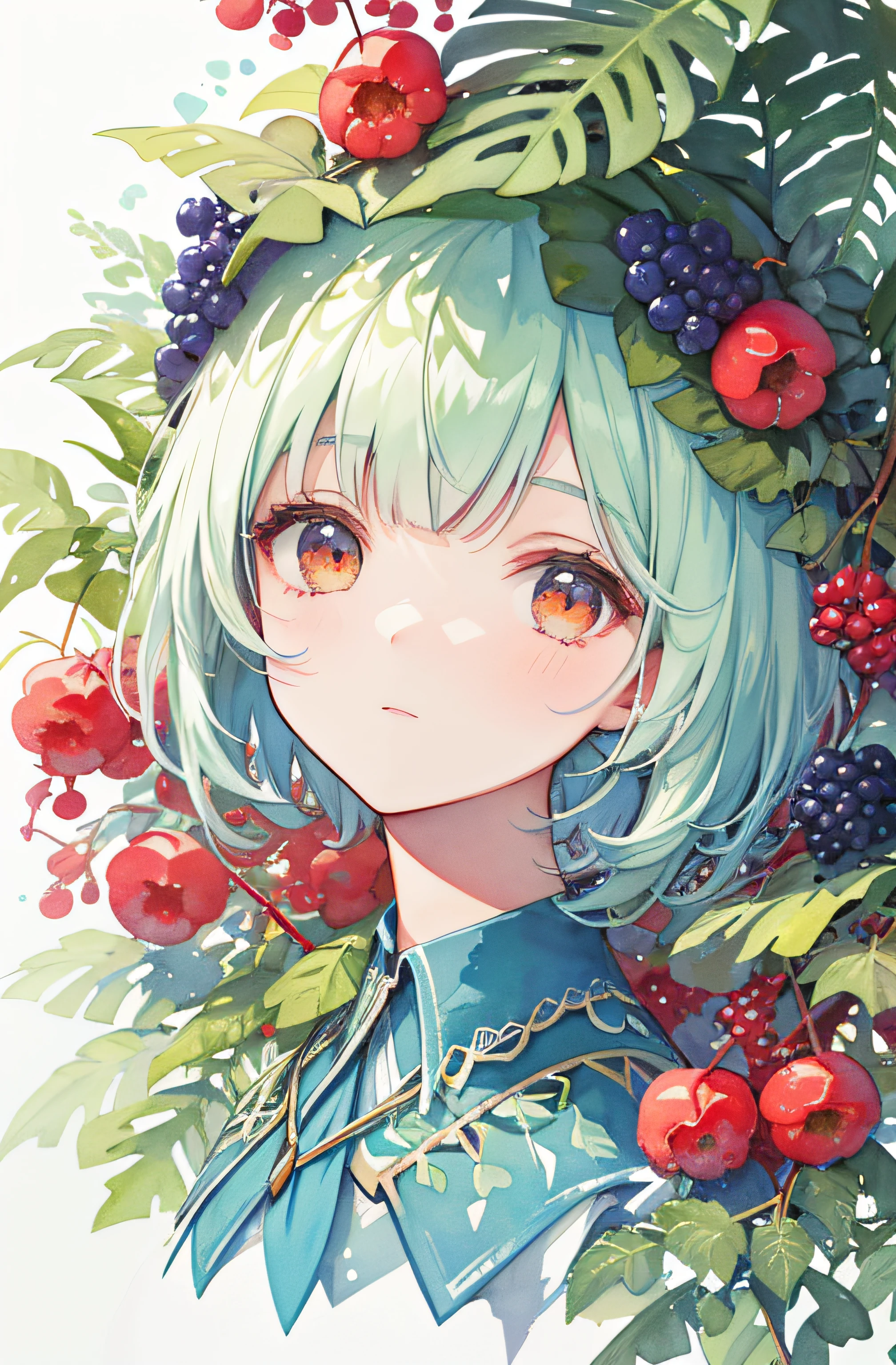 ((ultra - detailed),#3b4195 background,beautiful  flowers,berries,fern,foliage,Watercolor pattern in calm colors),(Watercolor texture), ((1girll),short detailed hair,adolable),((super detailed), #3b4195 background, beautiful flowers, berries, ferns, leaves, watercolor pattern of calming colors), (watercolor texture), ((1 girl), short hair, cute,