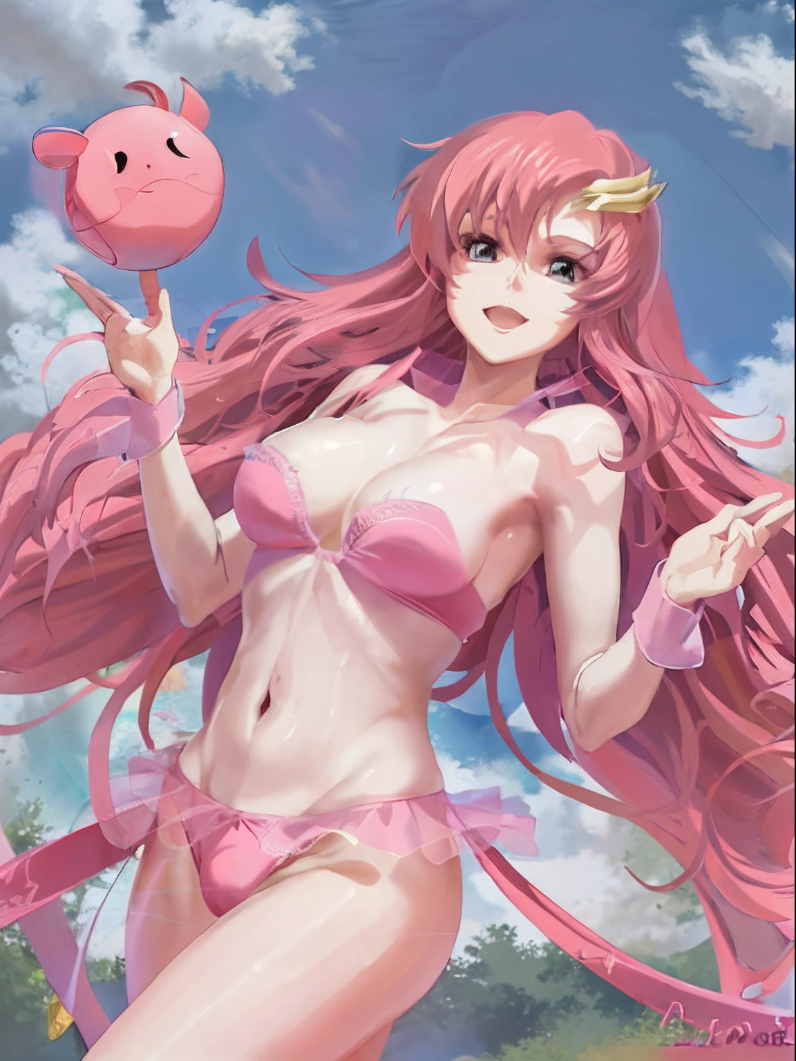 (masterpiece, 4K, Best Quality, Anime style: 1.9, bold drawing lines, High color saturation, Detailed face, tall, Adult Woman, lovely, (cloud background), Drawing lines, high resolution, Anime, lacus4), 1girl in, Solo, curvy figure, Long hair, 鎖骨, scapular, Wavy Hair, Detailed wide hair bangs, Hair Ornament, Detailed reddish-pink hair, cleavage, large hands, Big blue eyes, Smile, closed mouth, very slim belly, Very happy, closed fists, (laughing, open mouth), ((medium breasts)), (pink strapless bikini top,, pink bikini thong), elbow pads, strong arms, biceps, rib lines, long belly, lip stick, (lean forward)