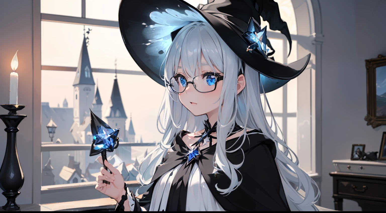 ((Best quality)), ((Masterpiece)), ((Ultra-detailed)), (illustration), (Detailed light), (An extremely delicate and beautiful),Dramatic perspective,A charming young girl,sorceress woman,Cute face,magestic,(Sexy figure),Black magic robe,Short black shawl,Big black witch hat,white dresses,Glasses,((Wave your big wand to cast spells)),((Five-color star magic))