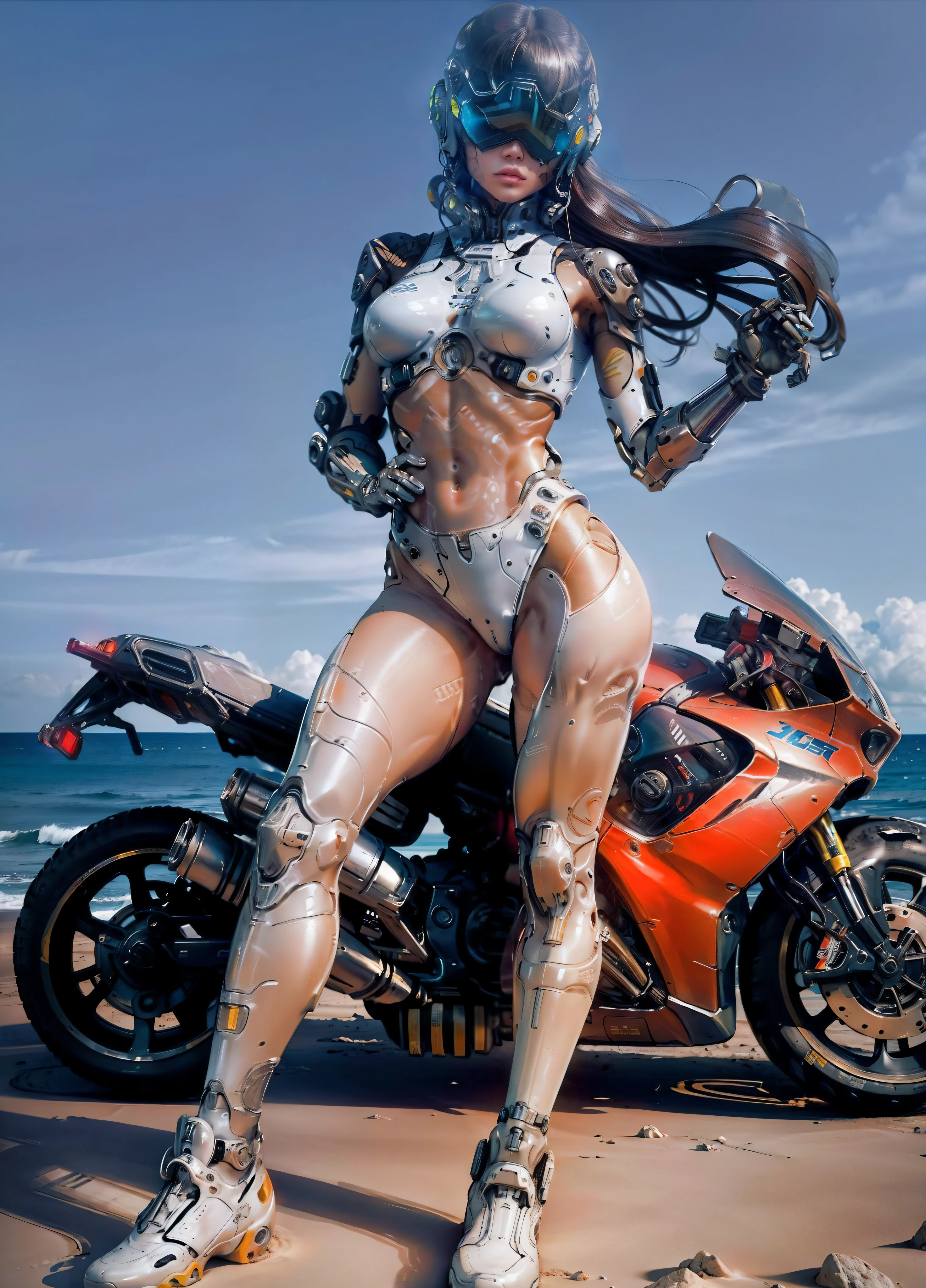 La mejor calidad, casco de moto cyberpunk, 25-year-old girl, atletic body,mech body, esqueleto de robot, Costa, En pie, playa, There are huge alien spaceships floating in the air......, cyberpunk, Science-Fiction