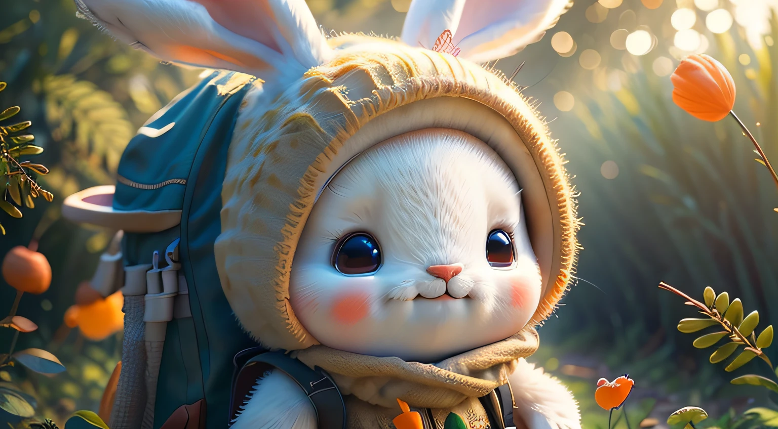 "Create an image that depicts a cheerful and adorable bunny, sunny morning, full of determination and with a glint of enthusiasm in his eyes, He's filling his backpack with fresh carrots., floresta encantada, vast forest stretches out in front of you