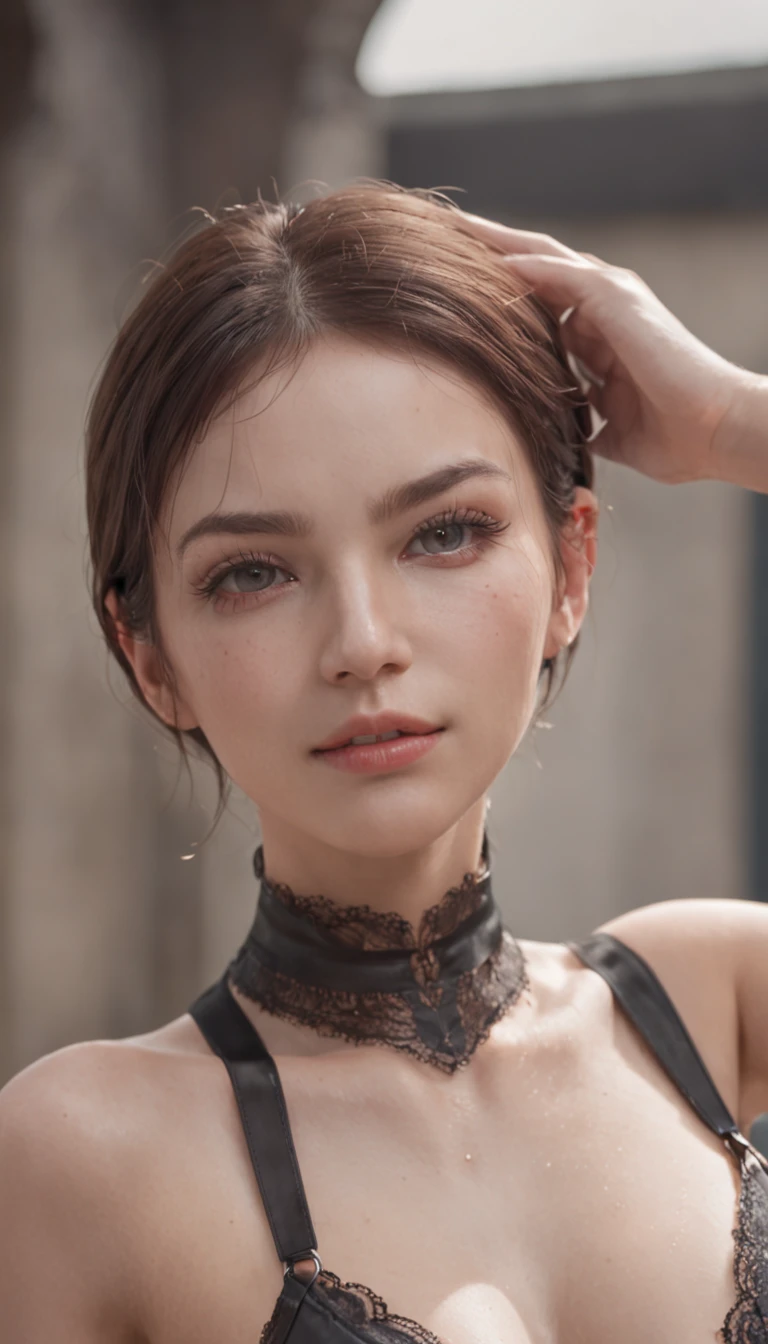 Raw Photo, Full BODY, ((Top Quality, 8k, Masterpiece: 1.3)), Crisp Focus: 1.2, Beautiful Women with Perfect Figure: 1.4, Slender Abs: 1.2, (((Layer Cut, Big: 1.2)), Wet Body: 1.5, Highly Detailed Face and Skin Texture, Detailed Eyes, Double Eyelids, Short Hair, BDSM, Slave, Black Corset, Bondage, Collar, From Below,Disdain, Panties,knee boots