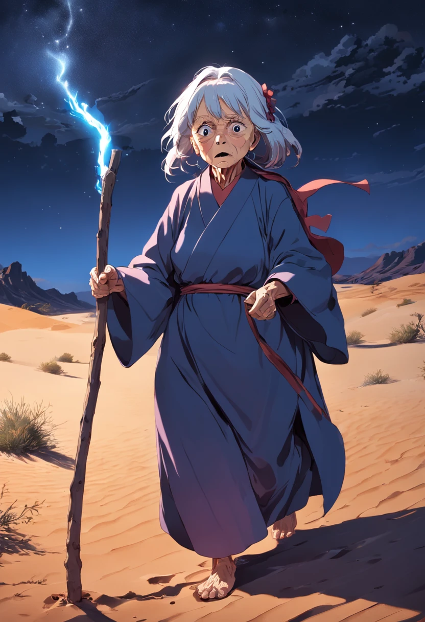 old women in desert at night with stick telling story