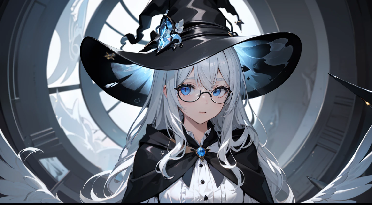 ((Best quality)), ((Masterpiece)), ((Ultra-detailed)), (illustration), (Detailed light), (An extremely delicate and beautiful),Dramatic perspective,A charming young girl,sorceress woman,Cute face,magestic,(Sexy figure),Black magic robe,Short black shawl,Big black witch hat,white dresses,Glasses,((Wave your big wand to cast spells)),((Wind magic))