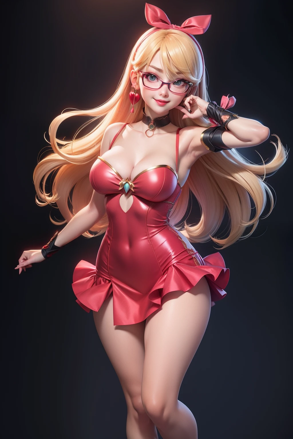 1 kawaii gamer girl, nsfw, japanese girl, solo, bright aqua eyes, glasses, eyelids, blush, seductive smile, naughty expression, red lips, hair bangs, smooth long hair, blonde hair, pink ribbon hairband, heart earings, collar, collarbone, sexy body, slim waist, navel, natural medium breast, cleavage, flat chest, cleavage, erotic red color wedding dress, gold and black accent on the dress, erotic pose, dynamic pose, looking at viewer, flat green background, full body