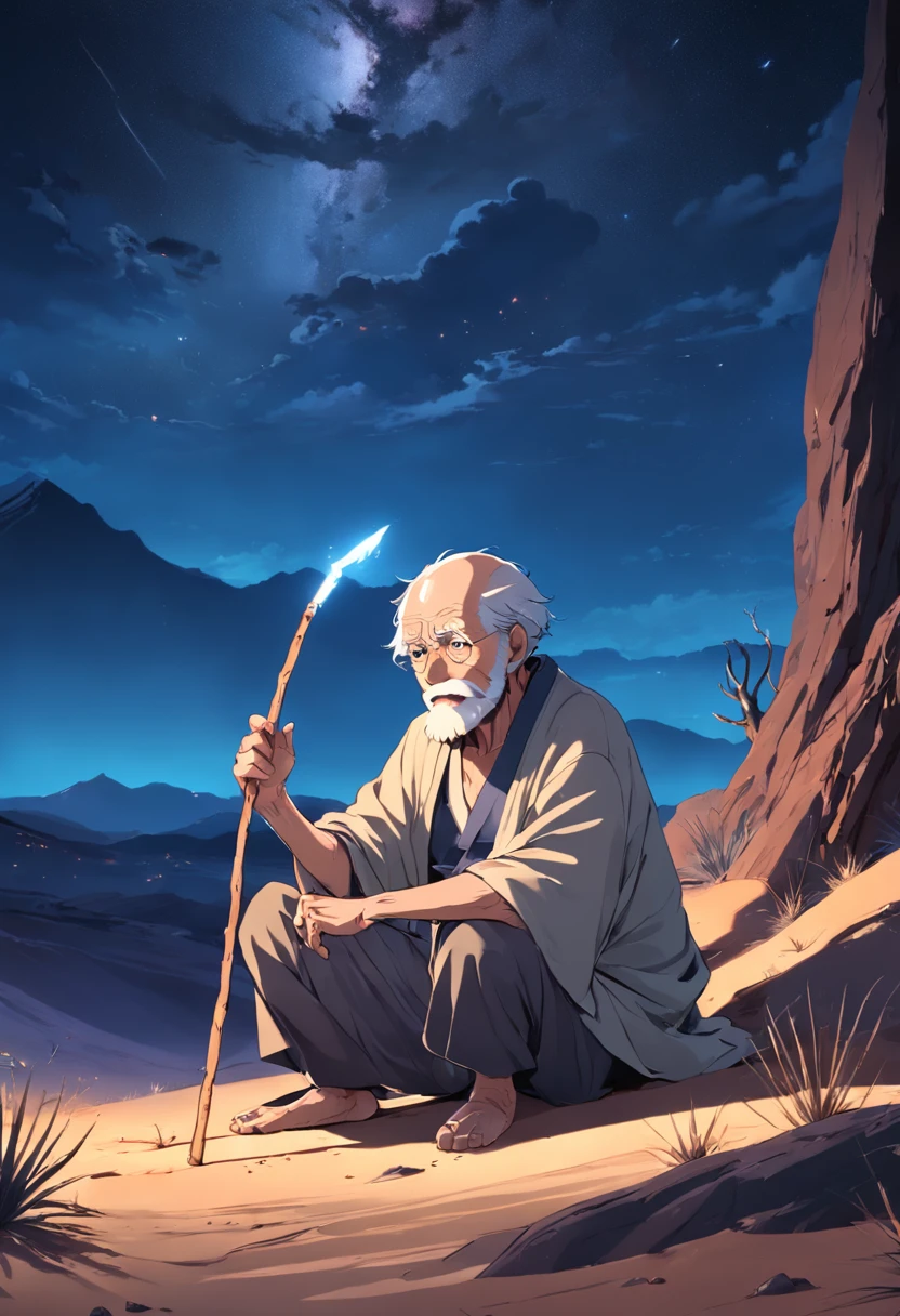 old man in desert sitting at night with stick telling story