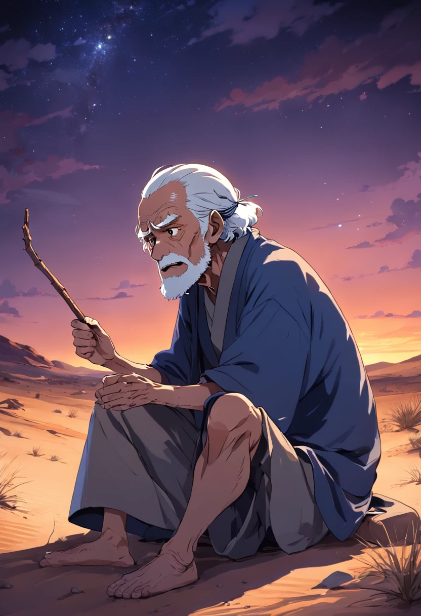 old man in desert sitting at night with stick telling story