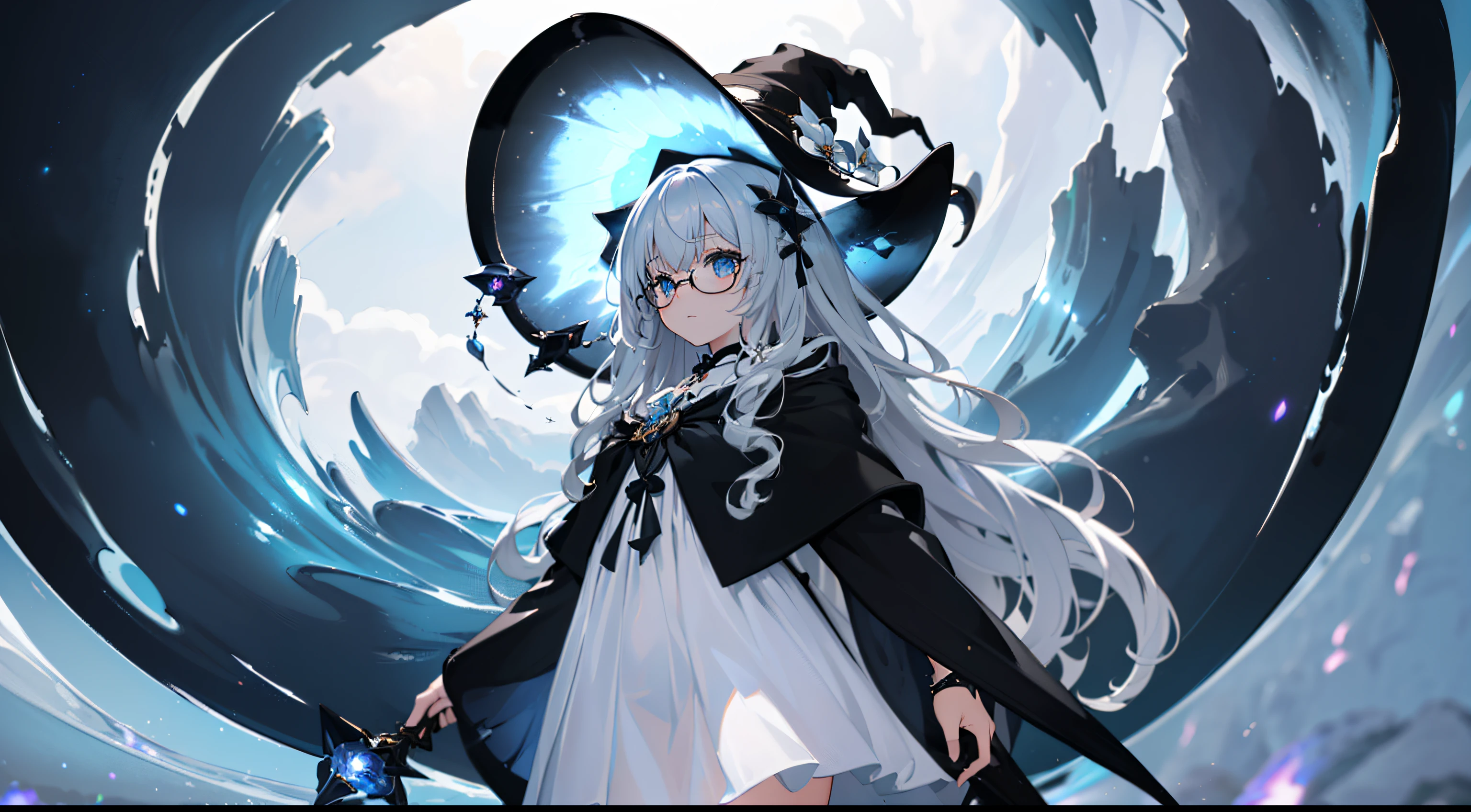 ((Best quality)), ((Masterpiece)), ((Ultra-detailed)), (illustration), (Detailed light), (An extremely delicate and beautiful),Dramatic perspective,A charming young girl,sorceress woman,Cute face,magestic,(Sexy figure),Black magic robe,Short black shawl,Big black witch hat,white dresses,Glasses,((Wave your big wand to cast spells)),((Wind magic))