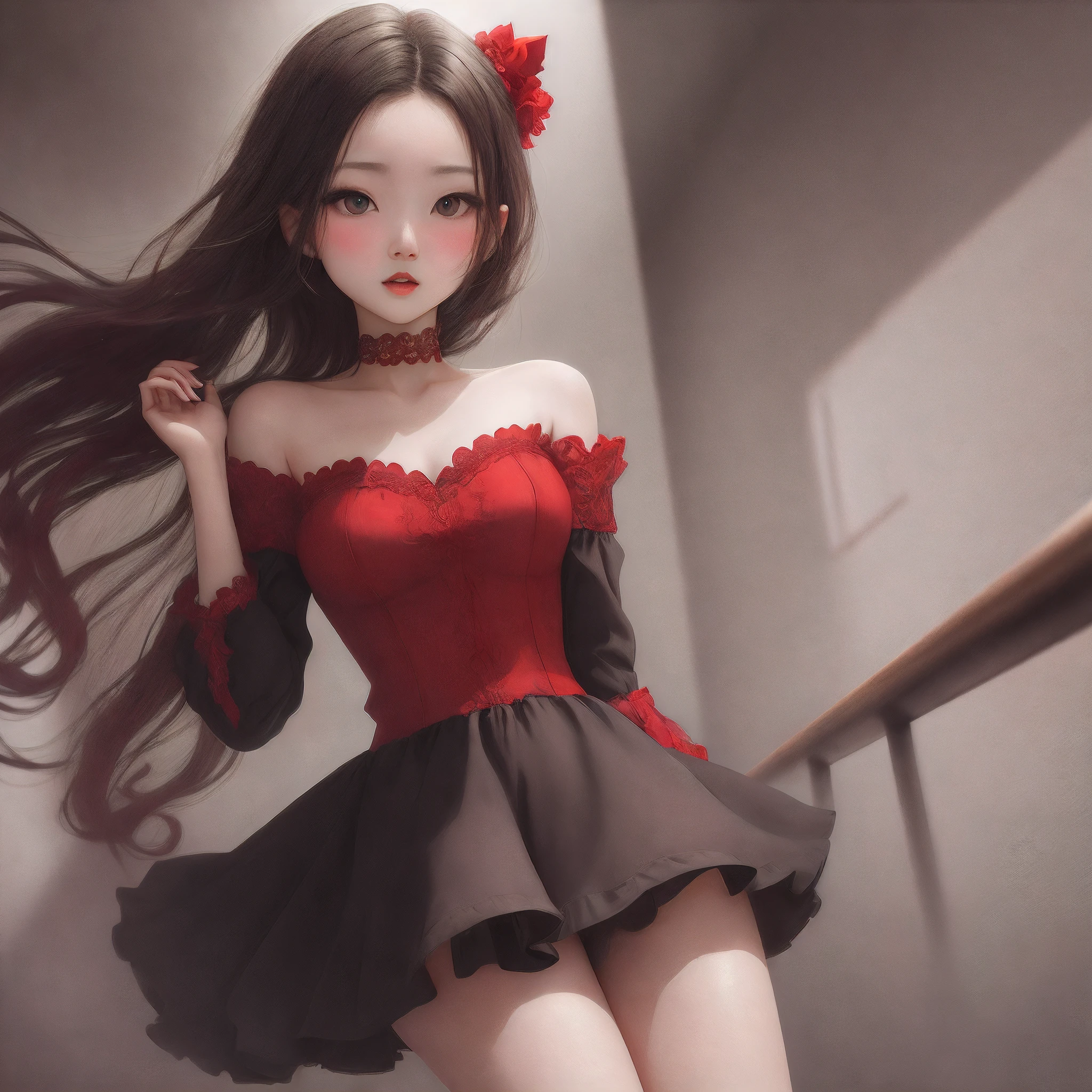 8k, hight quality, best quality, emma watson, panties dress, ager, hairband, clean armpits, black hair, long hair, Big legs, blue eyes, sexy look, (lolitand, middle smile, red lips.