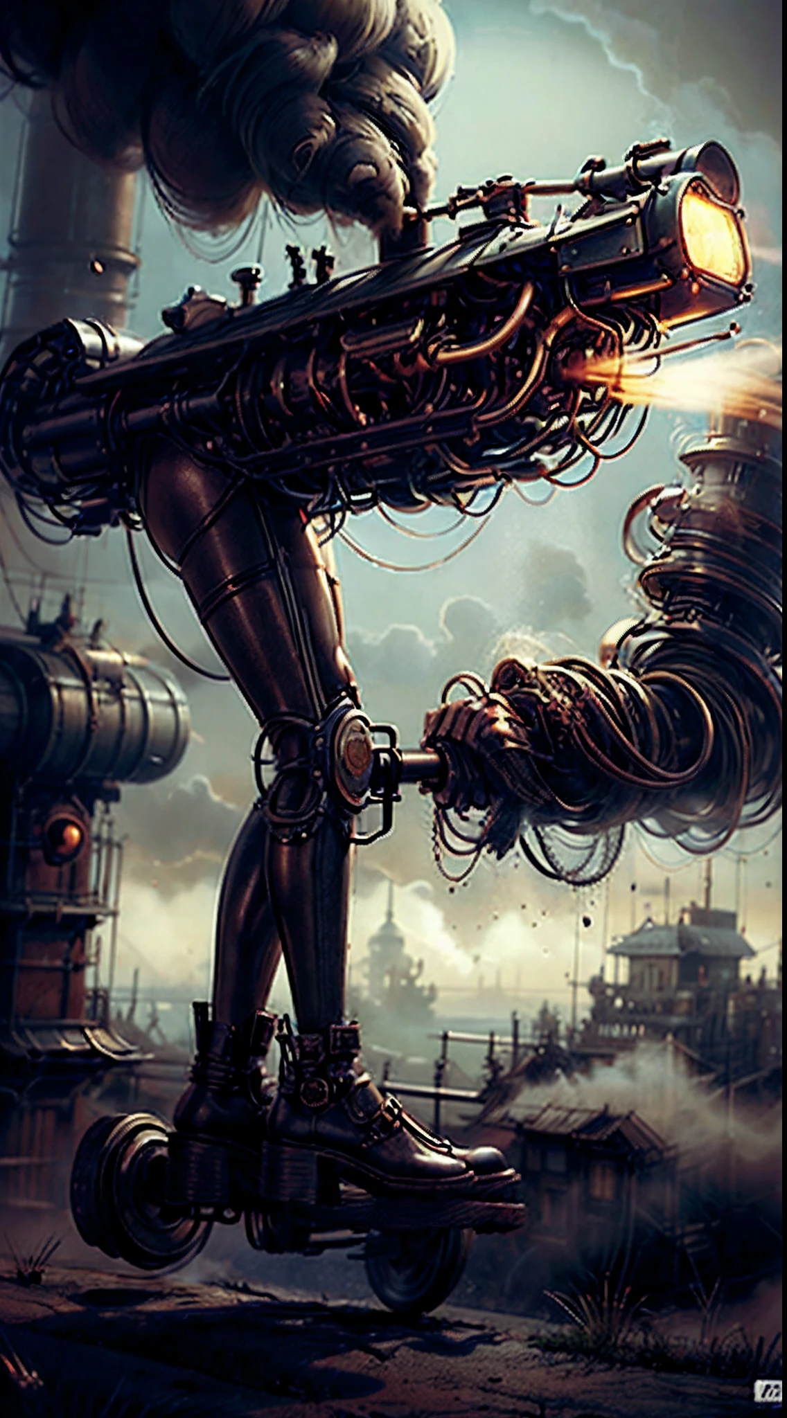 There's a sexzy black african woman with a steam-powered dusky skin, with big boobs,Royal look,helmet, arte conceitual steampunk, sexzy full body view, flying,Wojtek FUS, arte digital steampunk, detailed wild steampunk illustration, Portrait of a gold and copper mechanical city,digital altamente detalhada em 4k, sci-fi steampunk,full body view sitting in steam punk bike