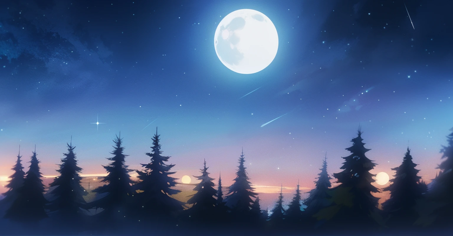 full moon, starry sky, trees in the background, gloomy scenery