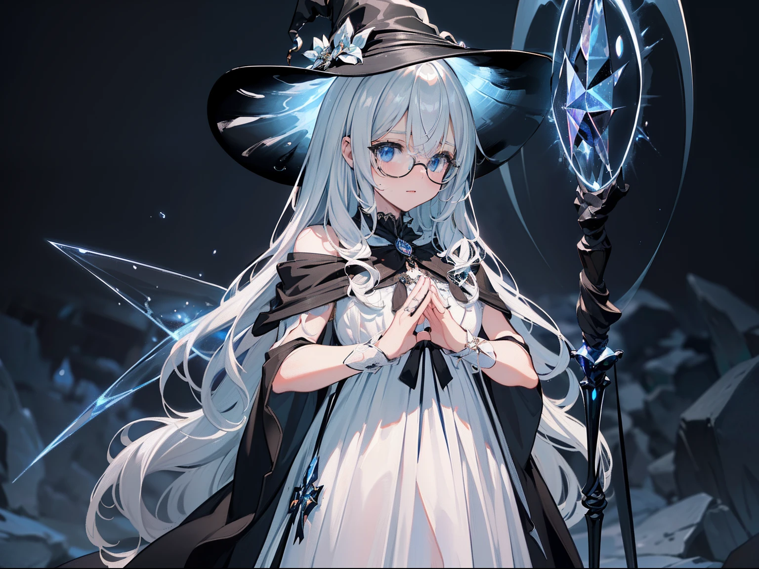 ((Best quality)), ((Masterpiece)), ((Ultra-detailed)), (illustration), (Detailed light), (An extremely delicate and beautiful),Dramatic perspective,A charming young girl,sorceress woman,Cute face,magestic,(Sexy figure),Black magic robe,Short black shawl,Big black witch hat,white dresses,Glasses,((Wave your big wand with both hands)),Water magic,(((Magic Array)))