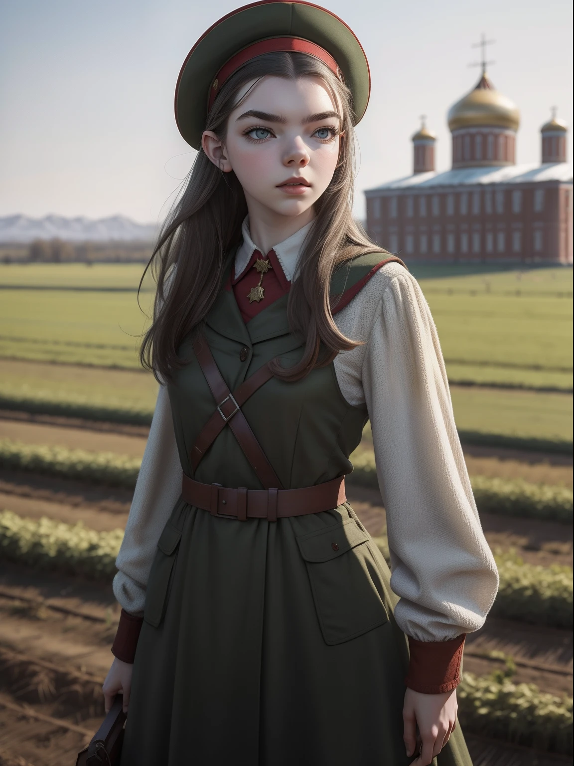 Anya Taylor-joy in soviet union, collective farms, soviet outfit
