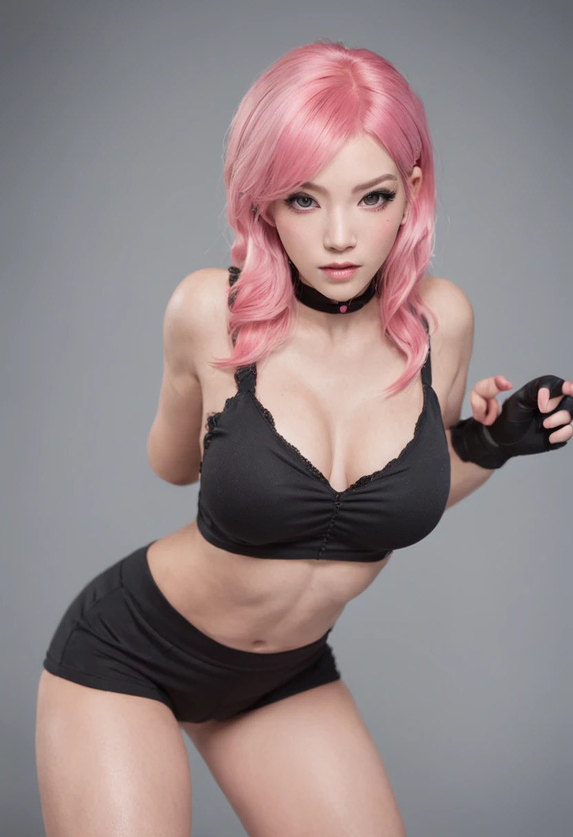 Beautiful woman, 1 girl, pink hair woman, fighting stance, black pantyhose, black gloves, sports bra, jewelry, shorts, J thighs. pink hair, drills, asymmetrical hair, view from back, sexy ass