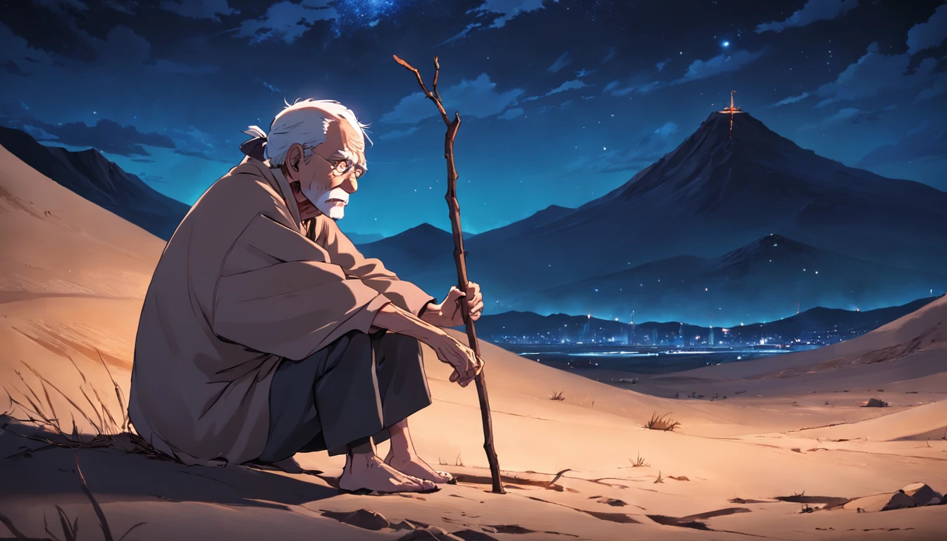 old man in desert sitting at night with stick facing us