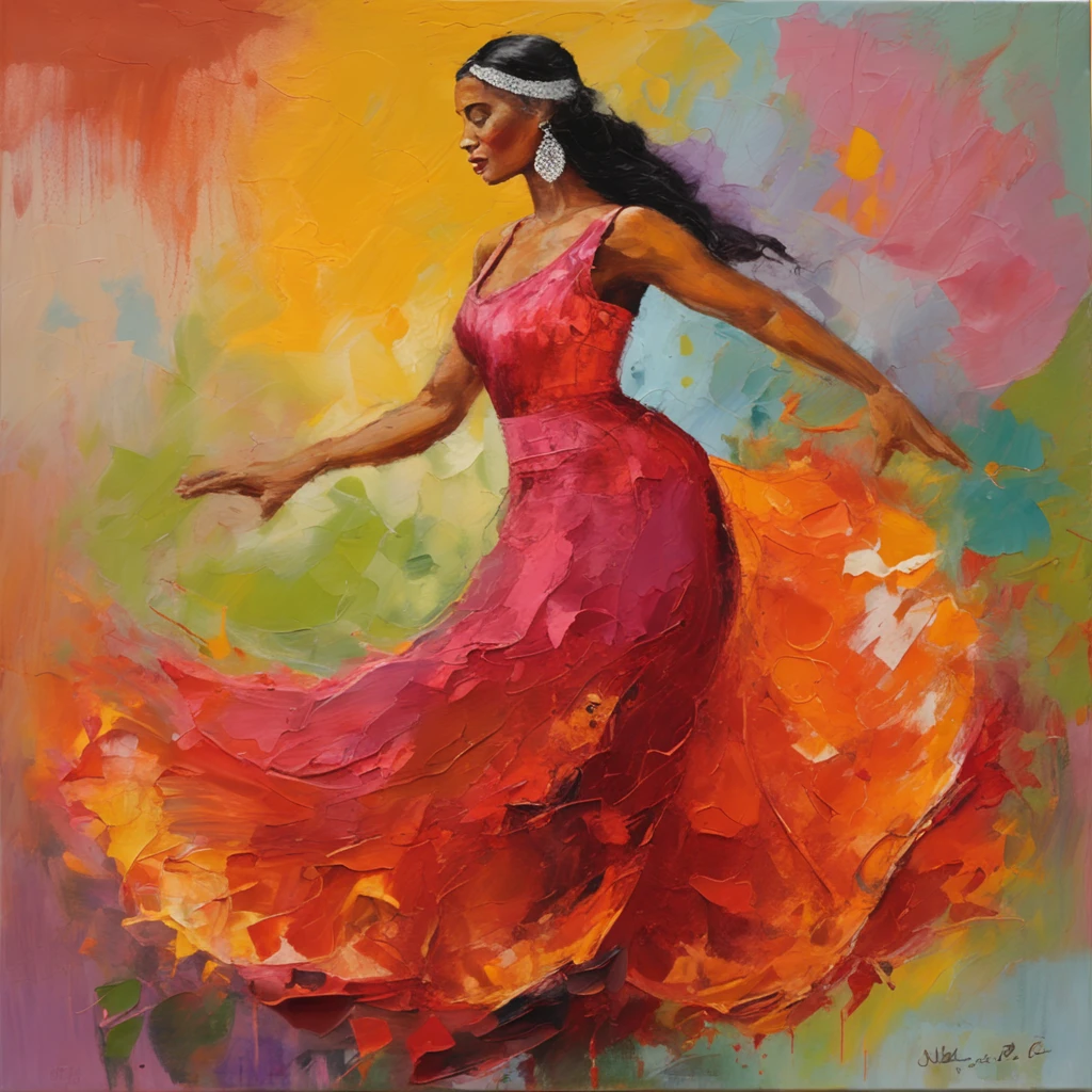 Latin woman in gypsy clothes dancing flamenco beautiful landscapes, grande profundidade de campo, Arte Digital, obra prima, Qualidade UHD". RPG