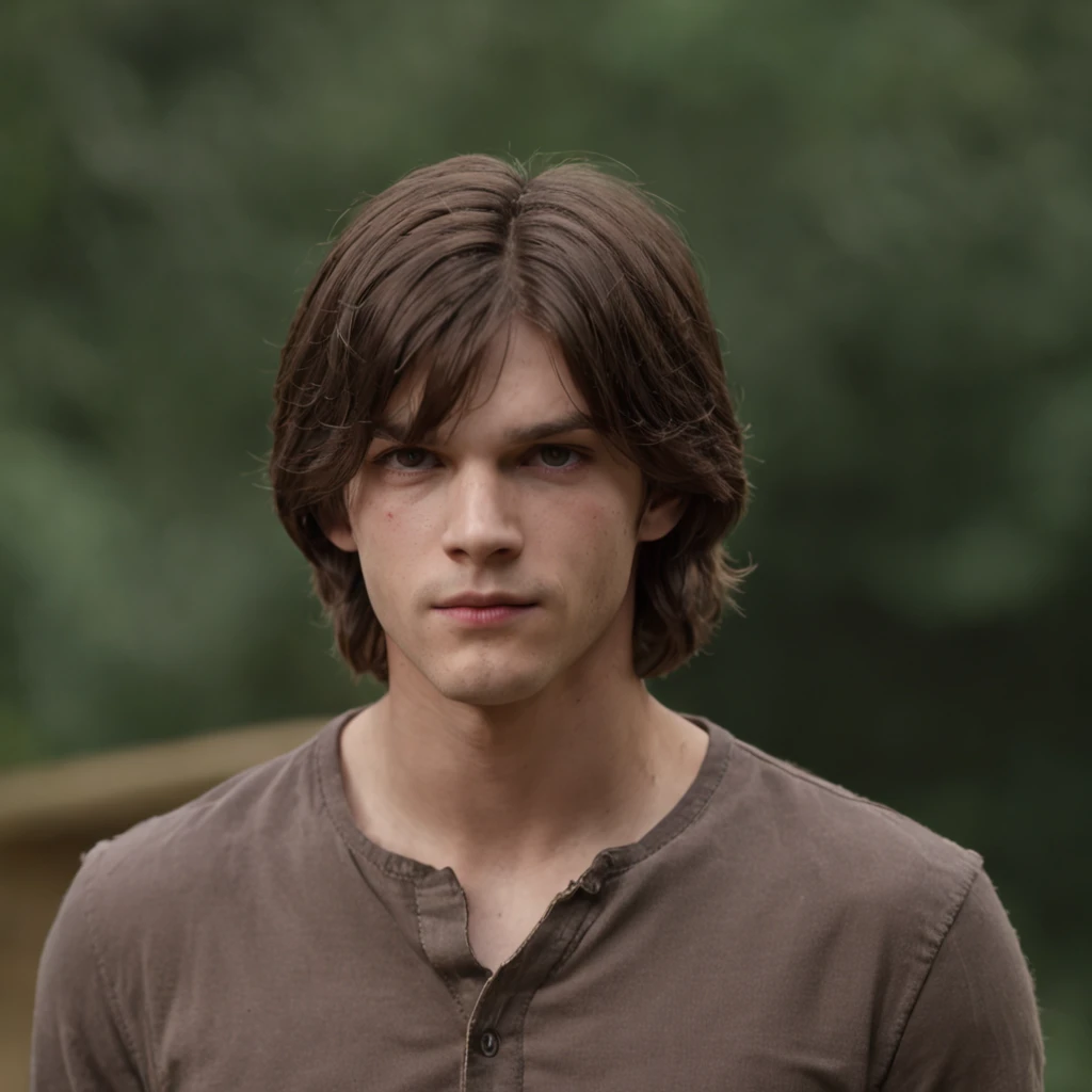 a young man of 19 years old, white American, hair with bangs like Sam Winchester from Supernatural, with an arrow in his chest, fainting, eyes watering, full body, green eyes, light eyes