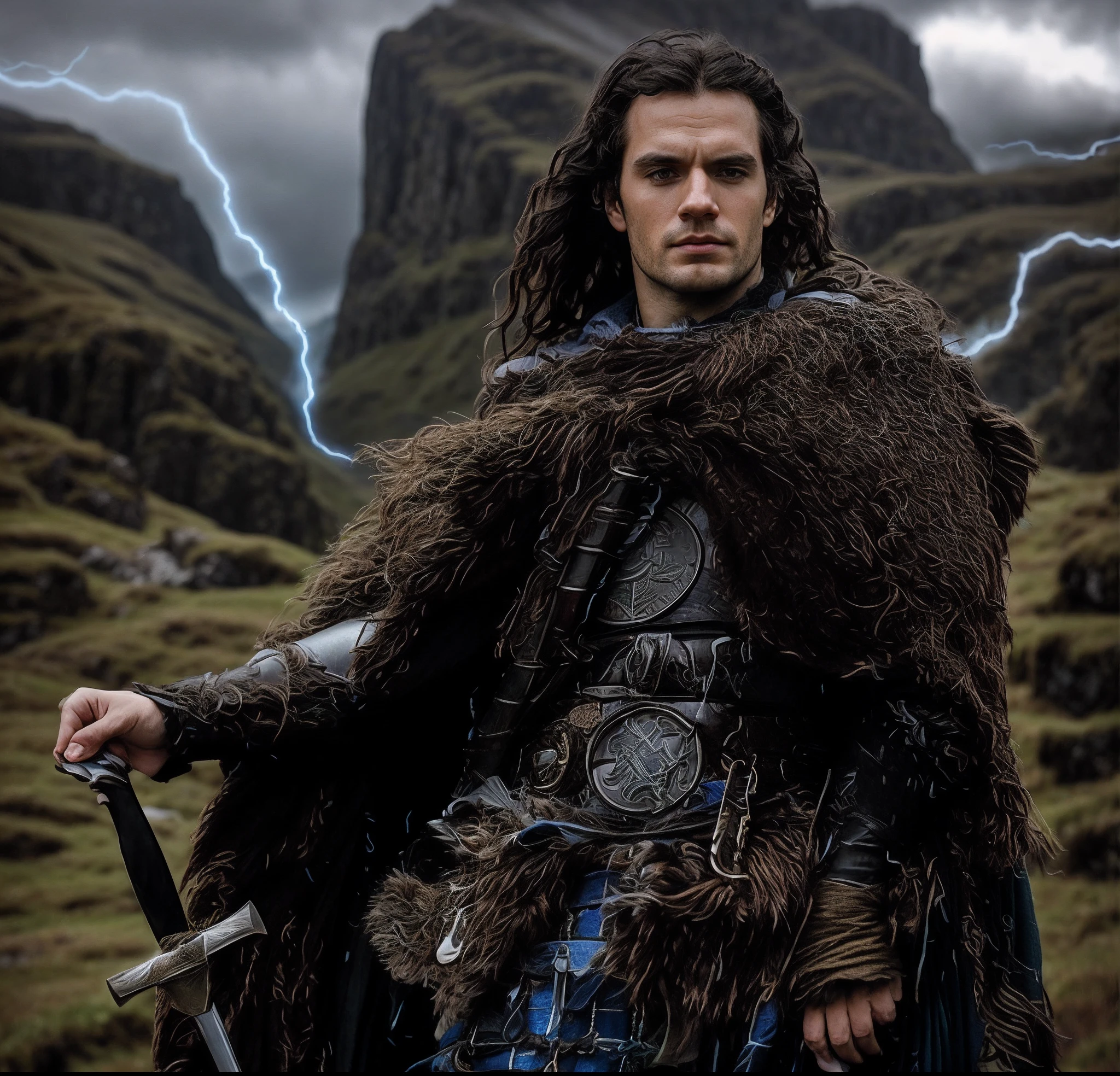 1homem ator Henry Cavill arafed em um kilt azul com uma espada, imagem de um guerreiro masculino adulto, Scottish medieval fantasy character, filme Highlander, in the mountains of Scotland rainy weather with lightning, cores frias