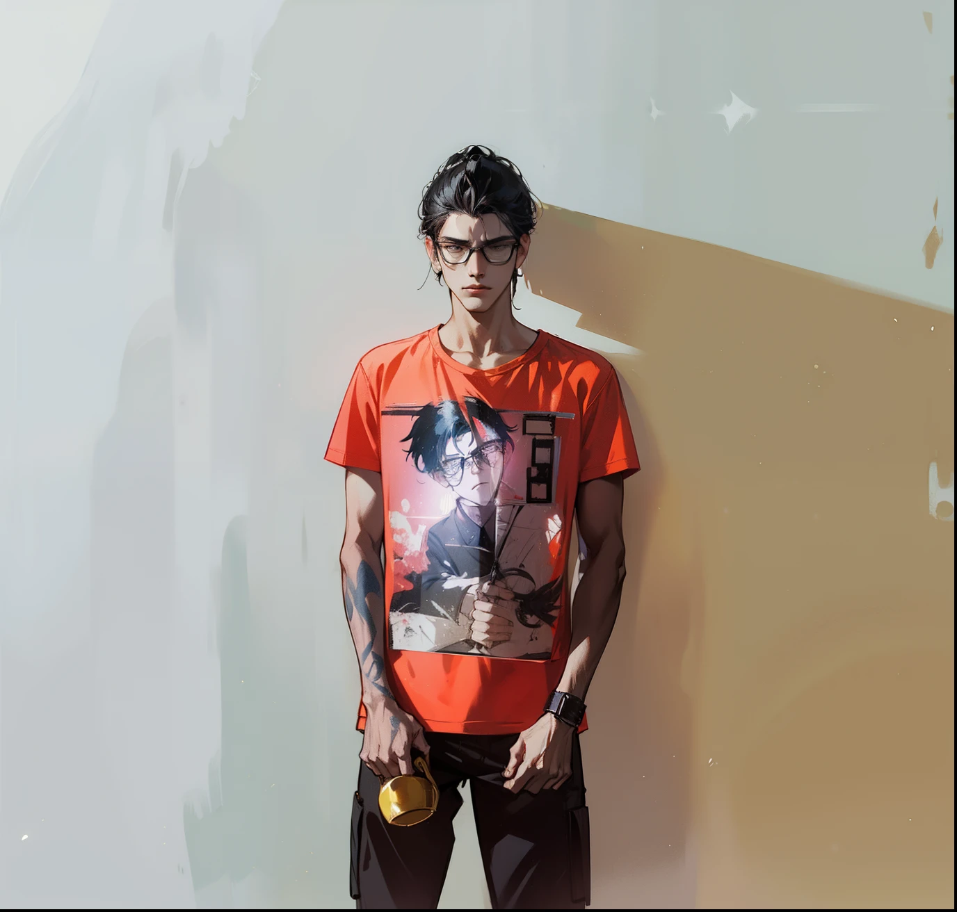 solo, male, anime character with black framed glasses and black hair, apathetic, bored expression, spirit bodies silhouettes behind character glowing, dynamic lighting
