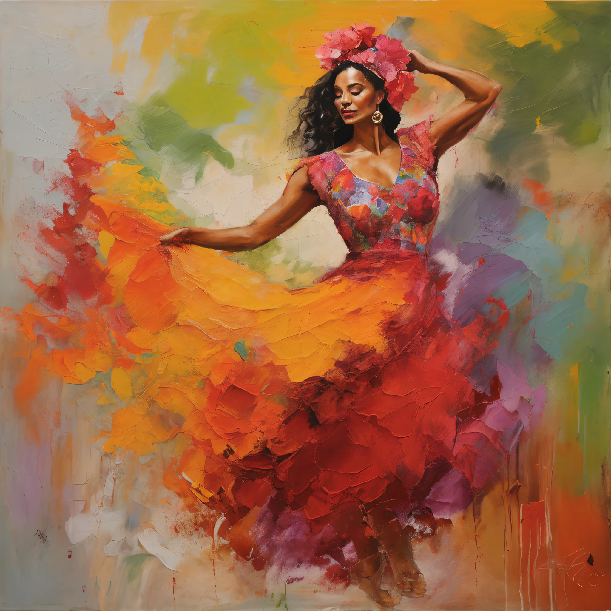 Latin woman in gypsy clothes dancing flamenco beautiful landscapes, grande profundidade de campo, Arte Digital, obra prima, Qualidade UHD". RPG