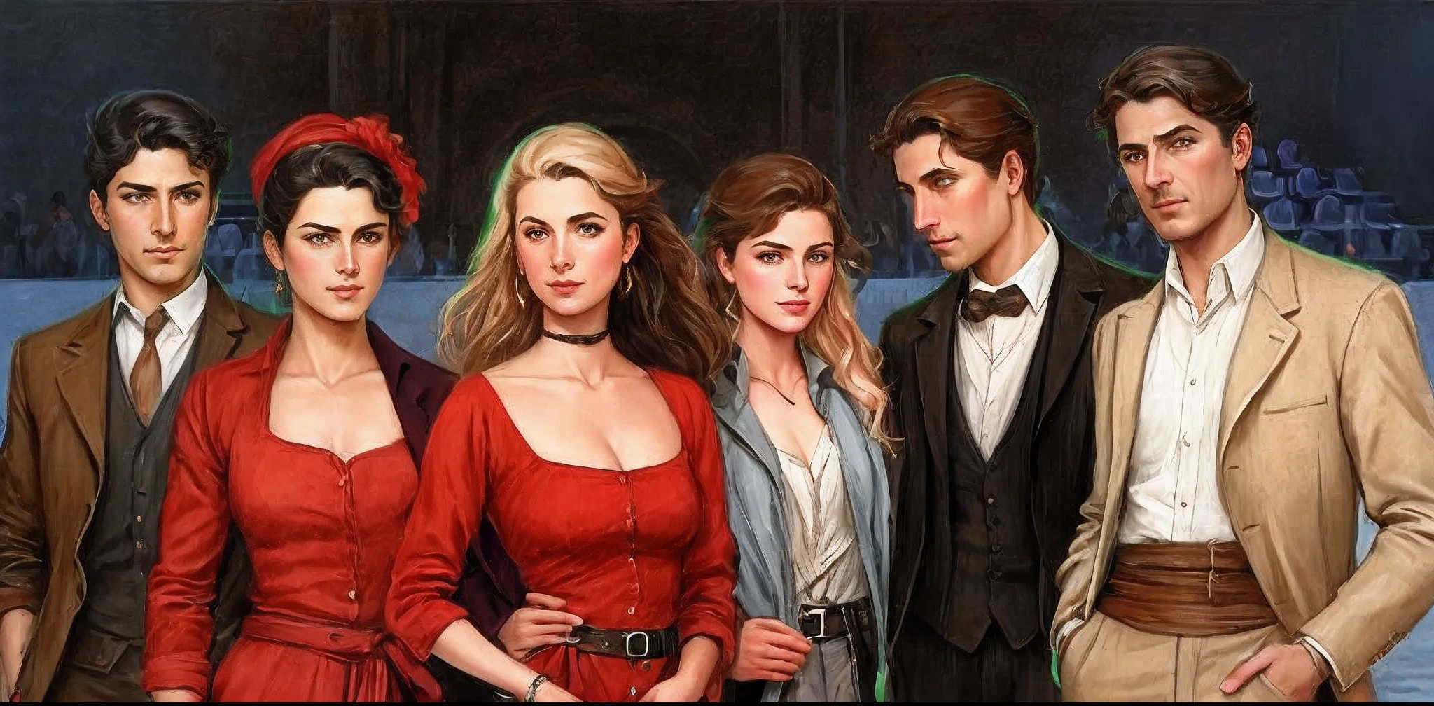 Close-up of a group of people, standing next to each other, by Elena Guro, Ignacio Zuloaga, in the art style of bowater, by Olivia De Berardinis, Popular on DevianArt, Anna Katarina Blok, official fan art, Deviantart is trending, Secret serials style