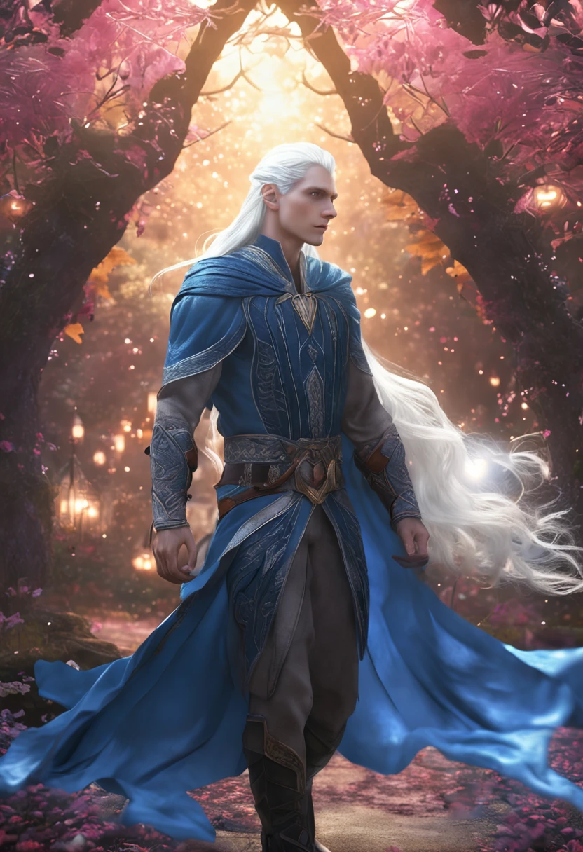 Handsome elf with white hair and blue eyes in a moonlit garden