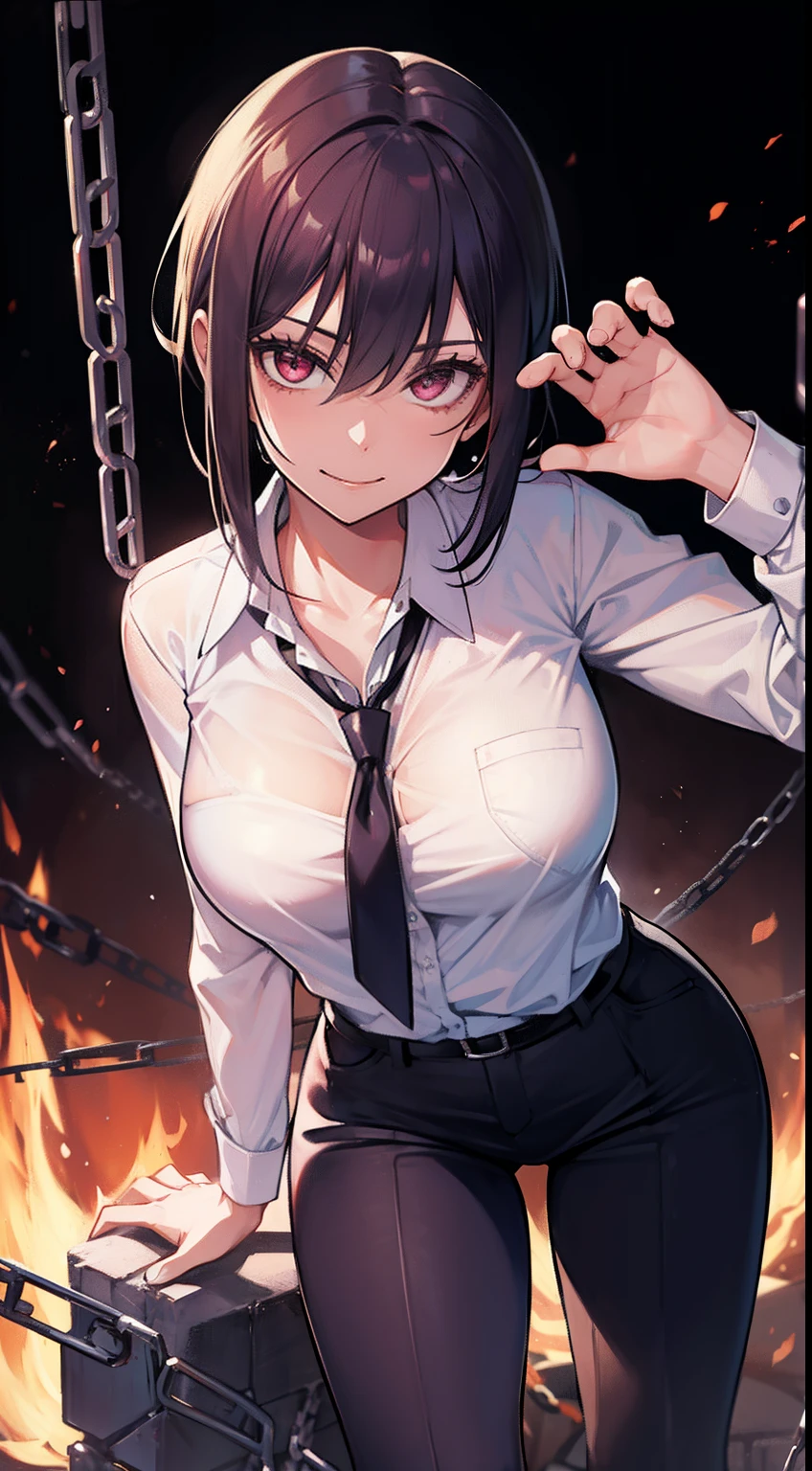 "Makima, 1 female , evil smile, wearing a school uniform , open shirt, burned pants, medium breast, sexy pose, chains on her feets and wrists