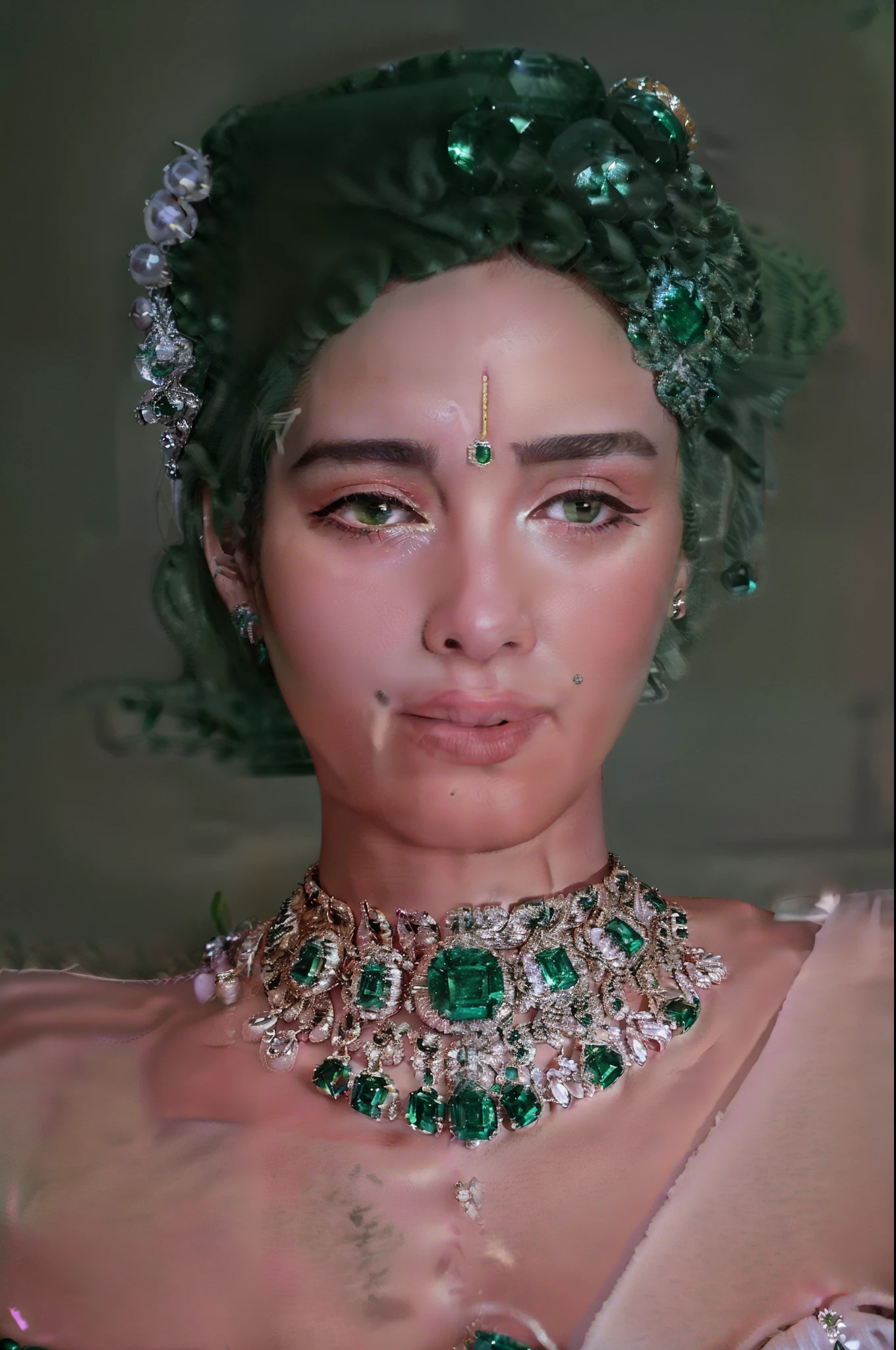 arafed woman wearing a pearl color necklace and a gold dress, green jewelry, adorned with precious stones, emerald jewelry, big crown adorned with emerald, emerald tiara and necklace, emeralds, covered in jewels, jewelry photography, jewels, photo of a hand jewellery model, wearing elegant jewellery, intricate jewellery, encrusted with jewels, wearing jewellery, jewellery, edited