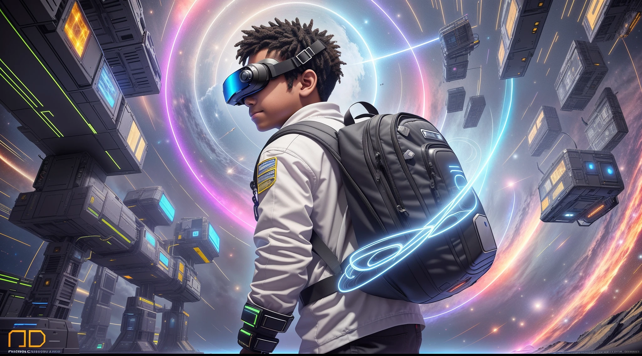 A nigerian, chubby boy with short black hair, wearing futuristic VR goggles, an intricate futuristic backpack with flashing lights, standing with one foot forward on a glowing portal pad, arms spread out, body leaning forward, ready to jump into a swirling portal of blue, purple and pink light and clouds ahead of him. Detailed intricate sci-fi machinery, flashing lights, glowing power sources, and advanced technology surrounds him. Dramatic lighting creates high contrast on his excited expression as he adventures through space and time. Portrait photograph, detailed, intricate, photorealistic, Unreal Engine, Octane render, volumetric lighting, cinematic lighting, 35mm lens, wide depth of field. --auto --s2