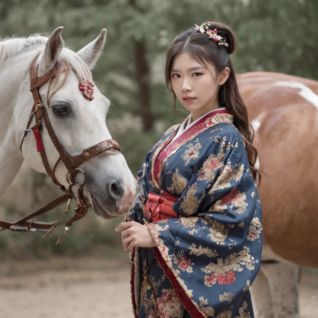 A young girl with a kimono,Wearing glasses,mounted on a horse, full body portrait shot, , height is 180 cm,Behind you is a sea of sea , wearing boots, marketing photo。
