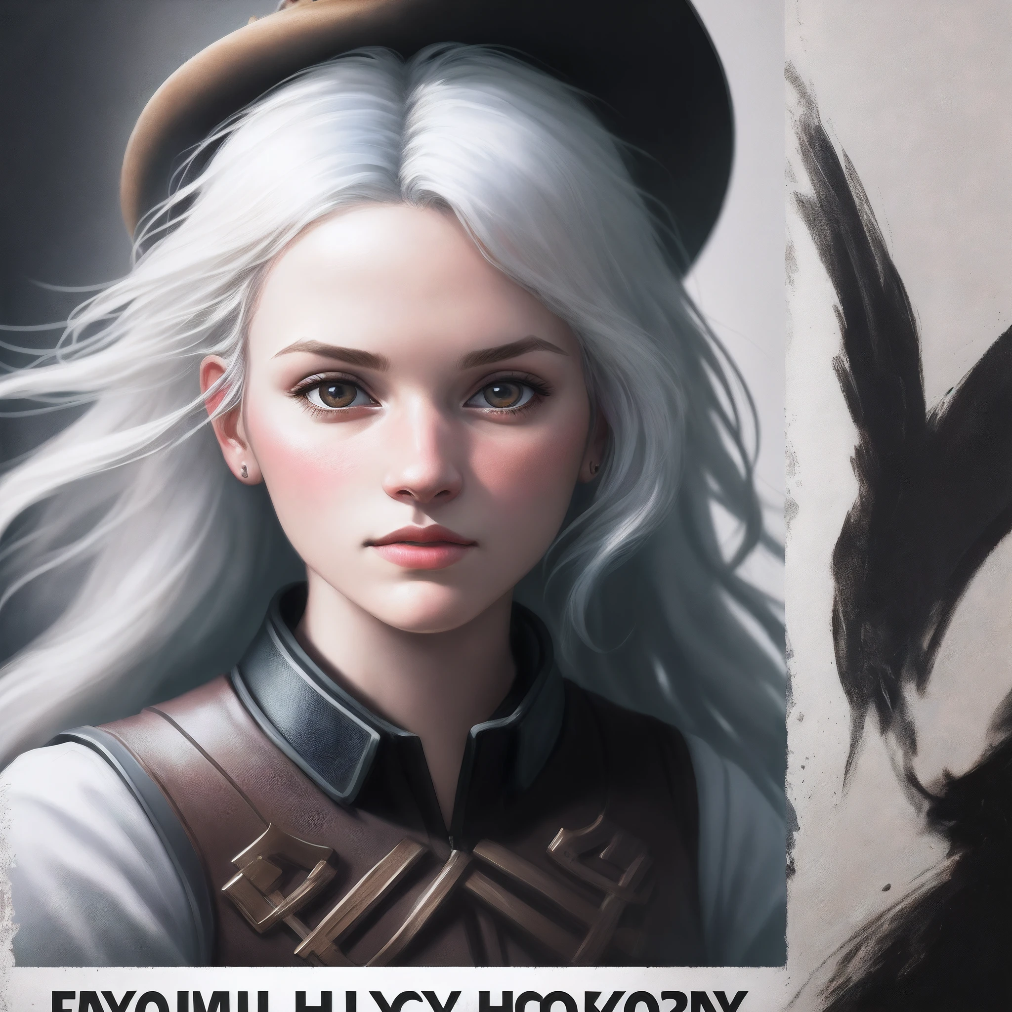 Hyperrealist portrait of female by david hockney and alphonse mucha,fantasy art, photo realistic, dynamic lighting, artstation, poster, volumetric lighting, very detailed faces, 4 k, award winning,, 1girl, in the dark, deep shadow, low key,cowboy shot,(official clothing:1.4) ,long hair,white hair,