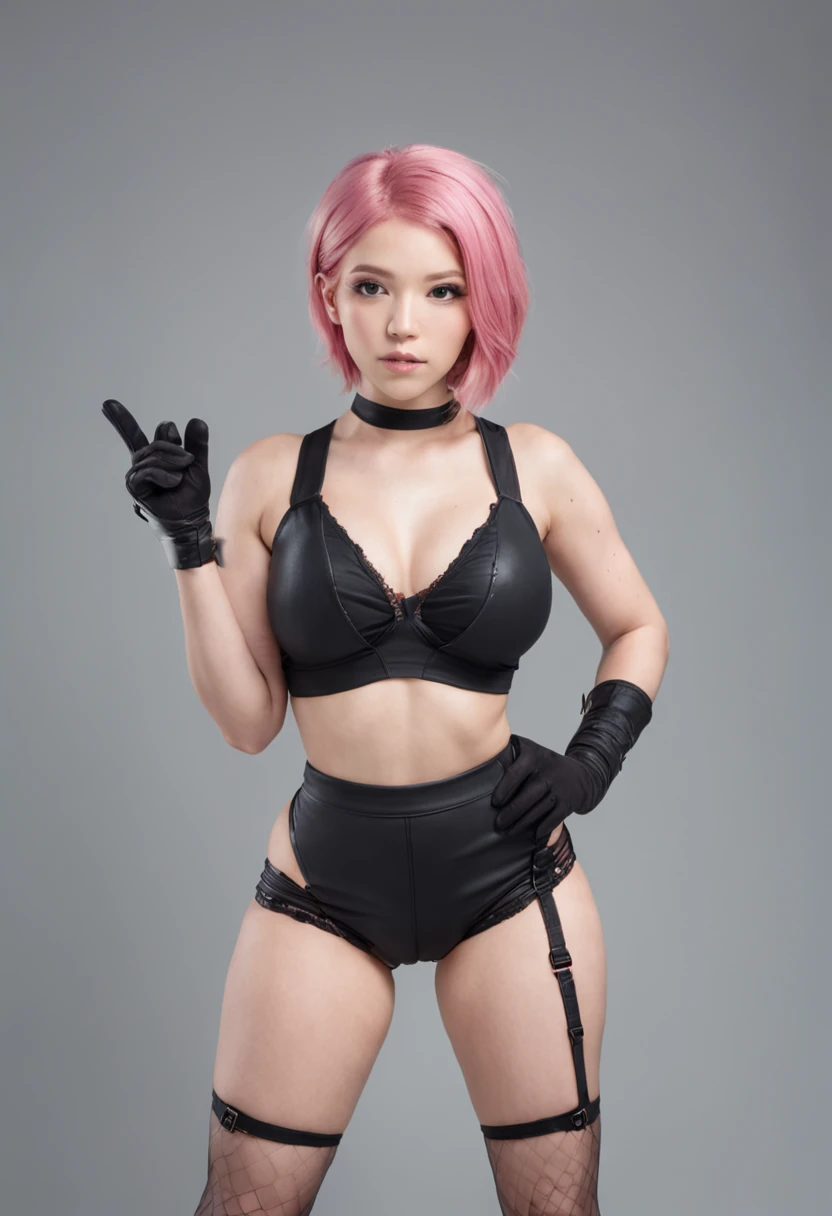 Beautiful woman, 1 girl, pink hair woman, fighting stance, black pantyhose, black gloves, sports bra, jewelry, shorts, J thighs. pink hair, drills, asymmetrical hair, view from back, look from back on her naked big bubble butt