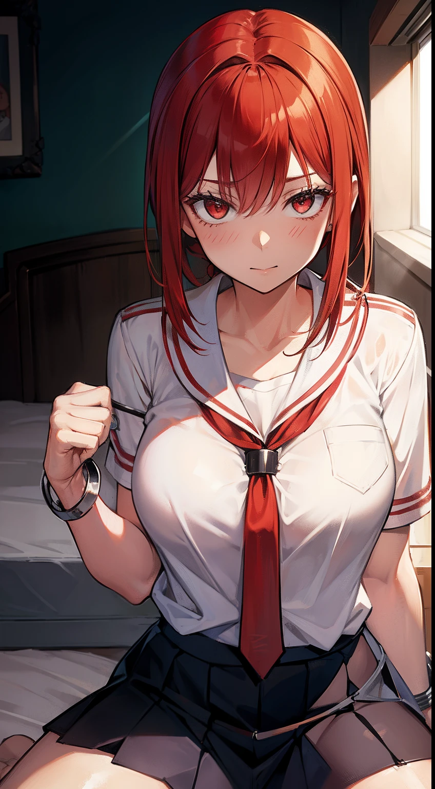 "Makima, 1 female , Red hair, scared , wearing a torn school uniform , medium breast, sexy pose, handcuffs on her hand, in the bed