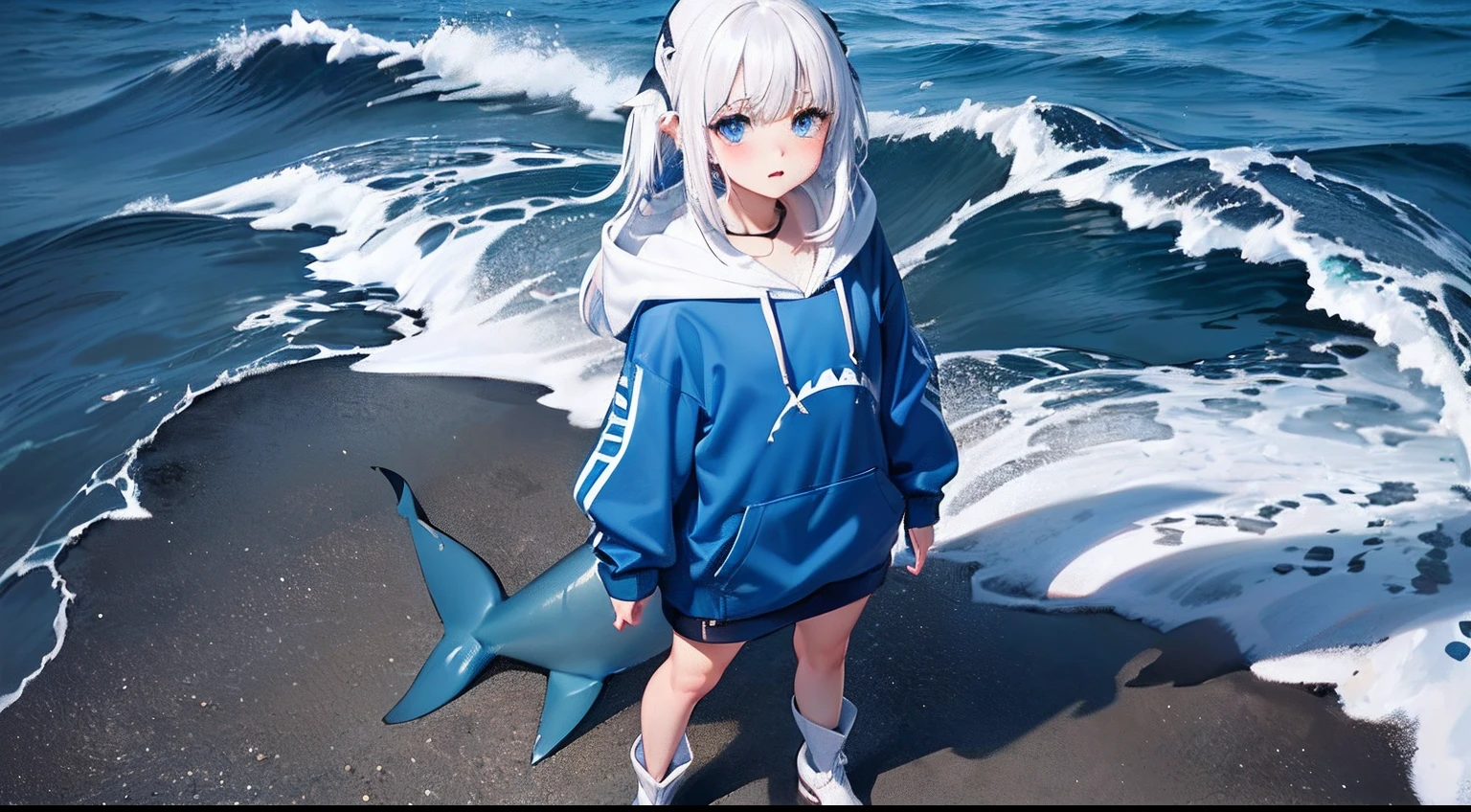 Gawr Gura, in a rainy tokyo, standing up, dark blue hoodie, thick thighs, shark mouth on hood, white hair, blue ends, glassy blue ocean eyes, blush across nose, full body, standing with legs crossed, white small boots, blue socks, looking up at viewer, shark tail connected to butt **blue ends on white hair*