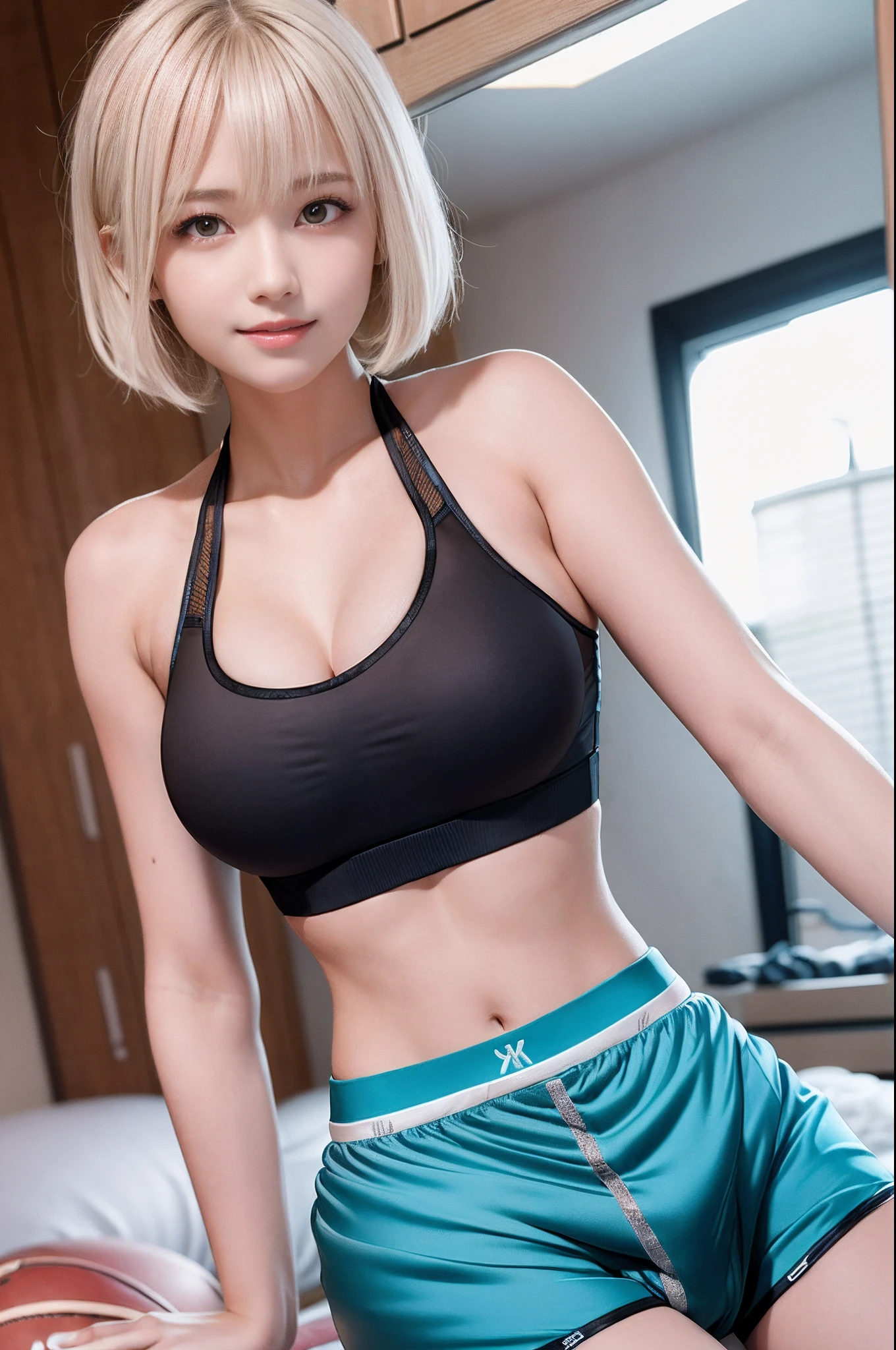 portlate、bright expression、poneyTail、Young shiny shiny white shiny skin、Best Looks、Blonde reflected light、(Platinum blonde hair with dazzling highlights)+、shiny light hair,、Silky straight hair、Beautiful bangs that shine、Glowing crystal clear attractive big blue eyes、Very beautiful nice cute 16 year old girl、Lush bust、Seduce with the eyes of the camera、Show thighs、((Sports Bra:1.5))+、smil、(adult appeal)、excited、Plump body、teats、large boob、((Boxer shorts:1.5))、