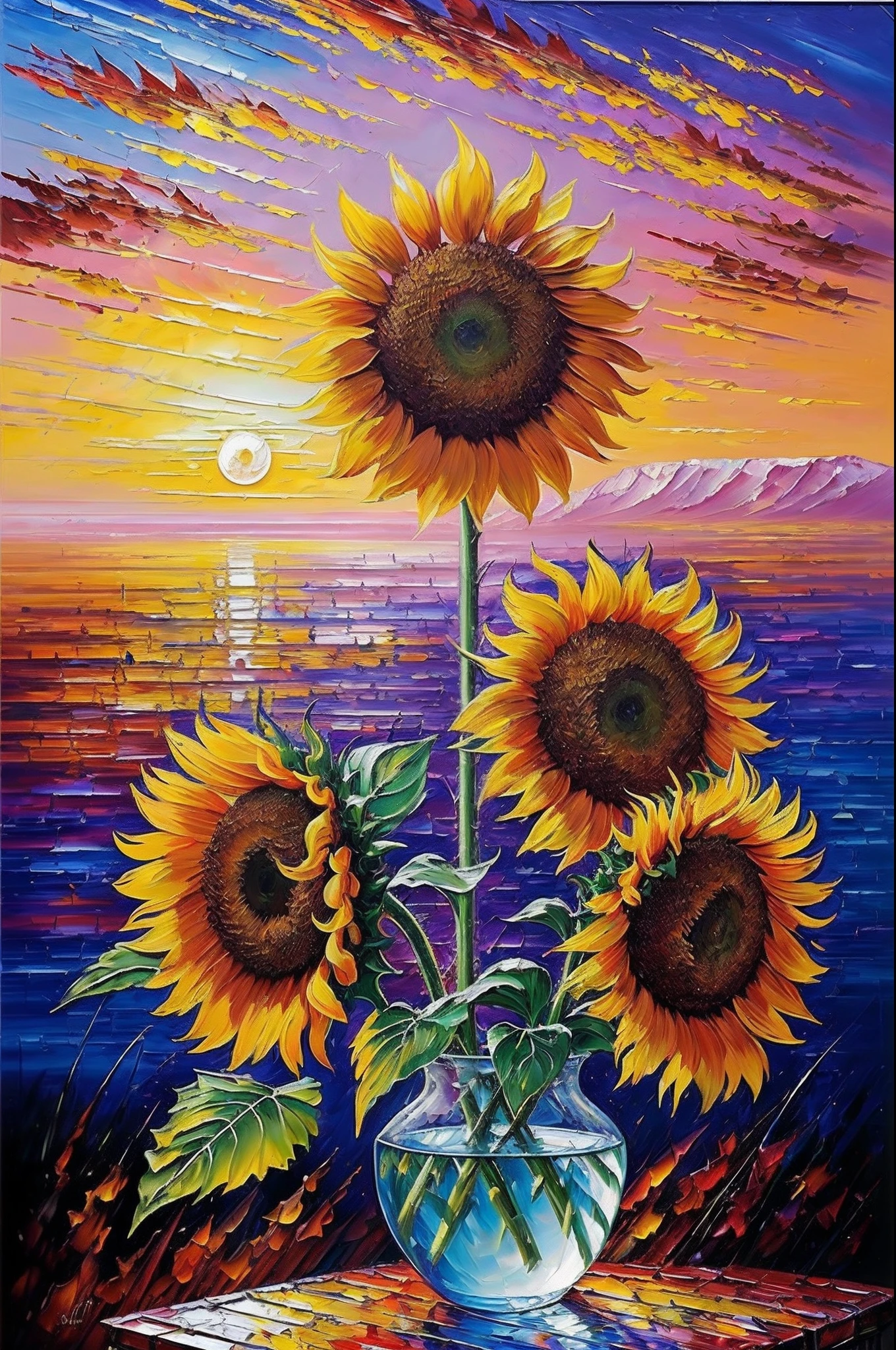((beste-Qualit)), ((tmasterpiece)), ((Realistic)), sunflowers crimson sky, Mysterious space, (Palette knife-oil painting), extreme hight detail, Иллюстрация Bruce-Pennington —ar 2:3 —q 4 —s 750