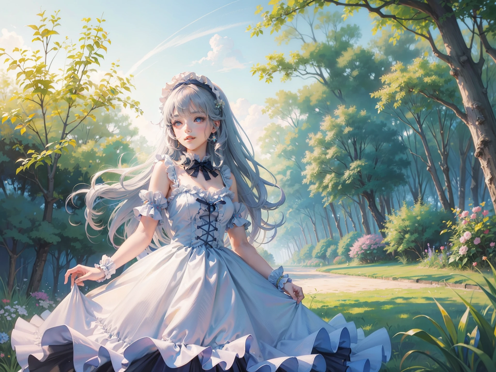 One Cute anime girl in the garden picnic,very long and curly violet hair,shining haired deity,wearing blue cute ****ta princess dress and bonnet,sparkling silver eyes,cute anime girl in nice dress,detailed flower princess dress,anime princess,detailed background,beautiful garden,anime artwork,fantasy artwork, 8k detailed high quality, high quality fantasy artwork, fantasy castle background art,detailed high quality face and dress,full body shot,colourful artwork,cute anime face,nice smile,best quality,ultra-detailed,high resolution, delicate and cute,((highly detailed face))